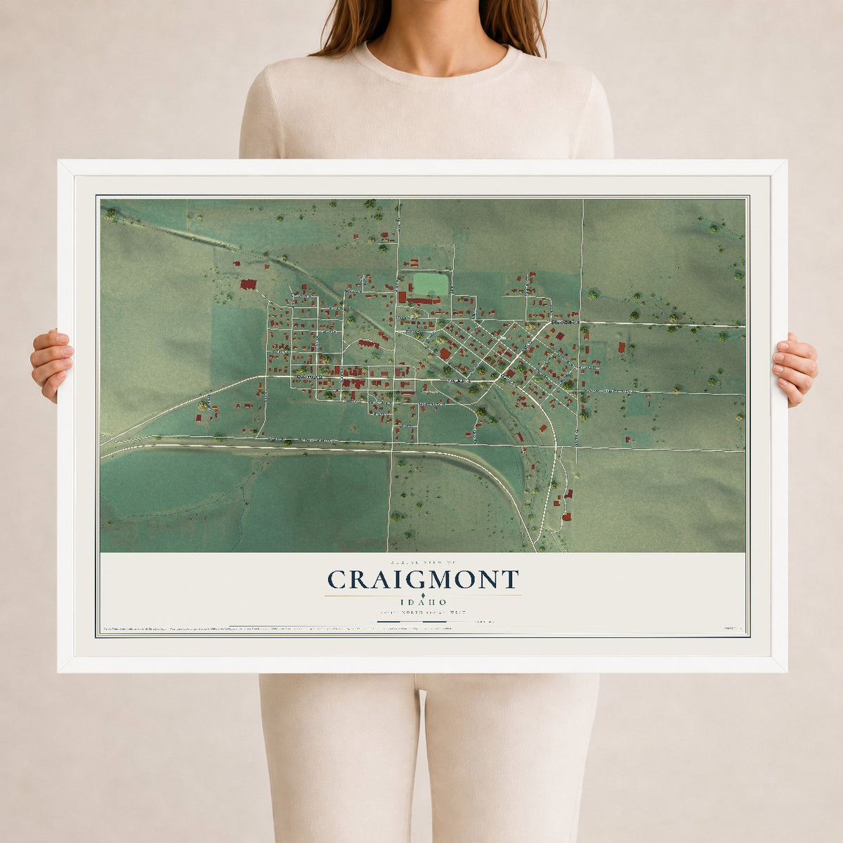 Map of Craigmont, Idaho, 24 x 36 inch print in a white wood frame