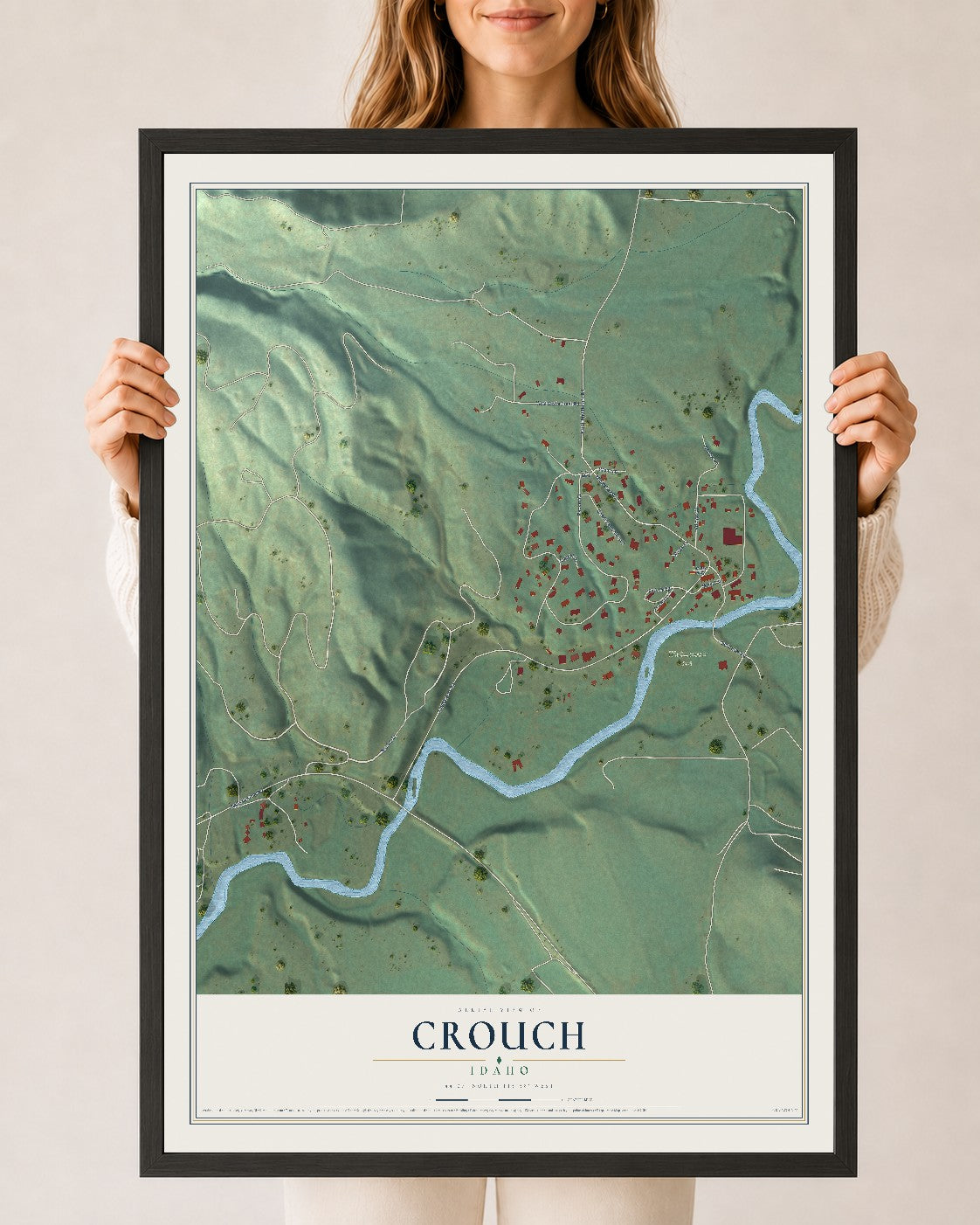Map of Crouch, Idaho, 24 x 36 inch print in a black wood frame