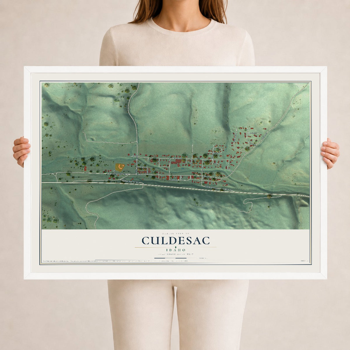 Map of Culdesac, Idaho, 24 x 36 inch print in a white wood frame