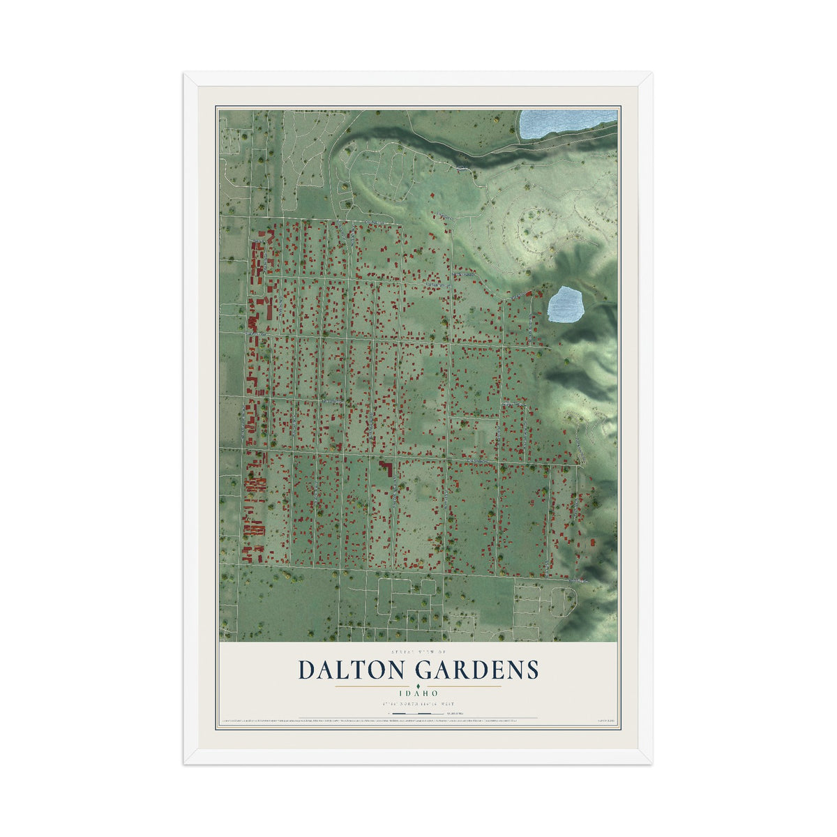 Map of Dalton Gardens, Idaho, 12 x 18 inch print in a white wood frame