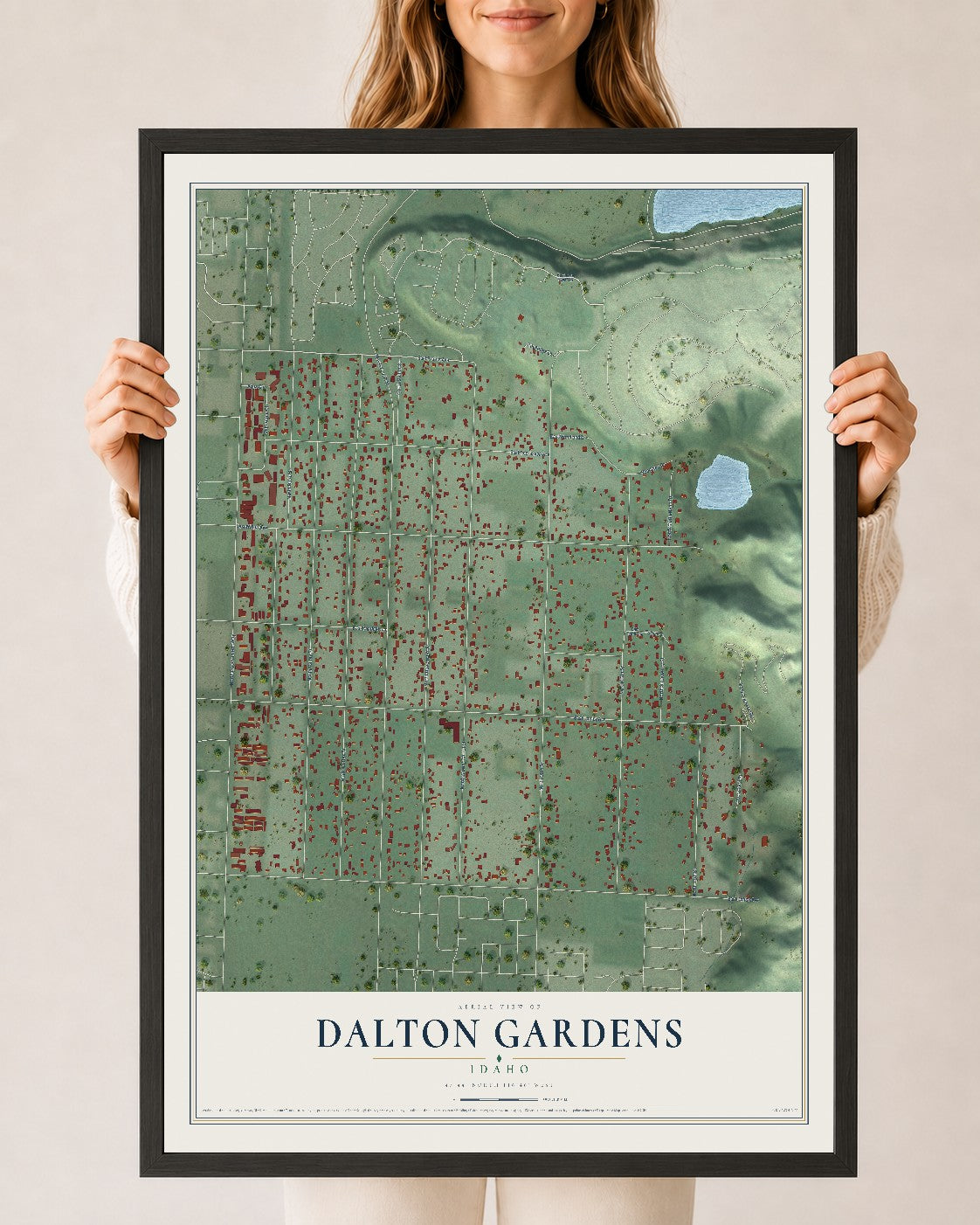 Map of Dalton Gardens, Idaho, 24 x 36 inch print in a black wood frame