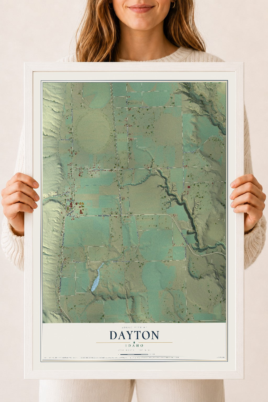 Map of Dayton, Idaho, 18 x 24 inch print in a white wood frame