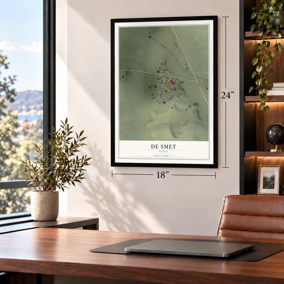 De Smet, Idaho map, 18 x 24 inch print in a black frame in a home office