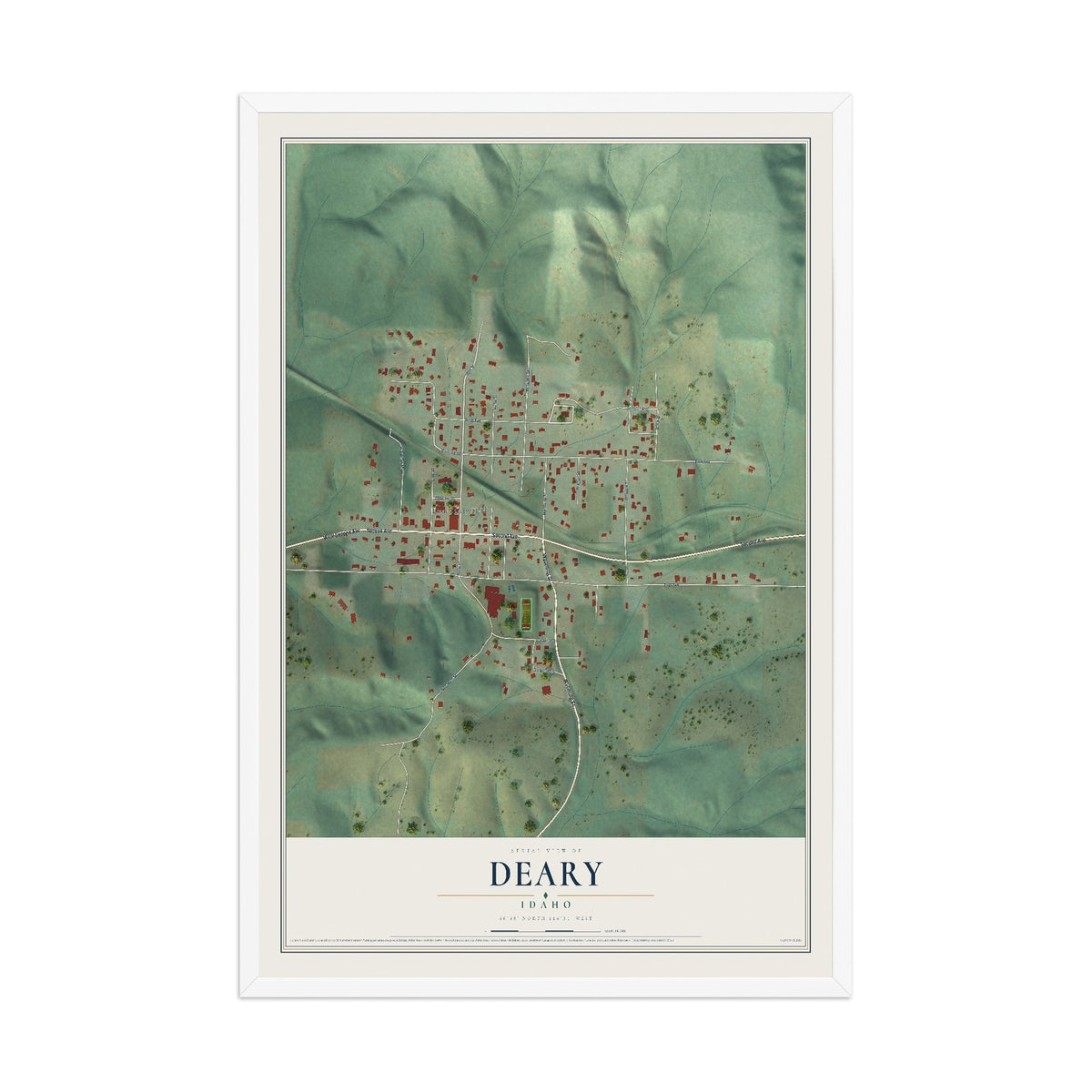 Map of Deary, Idaho, 12 x 18 inch print in a white wood frame