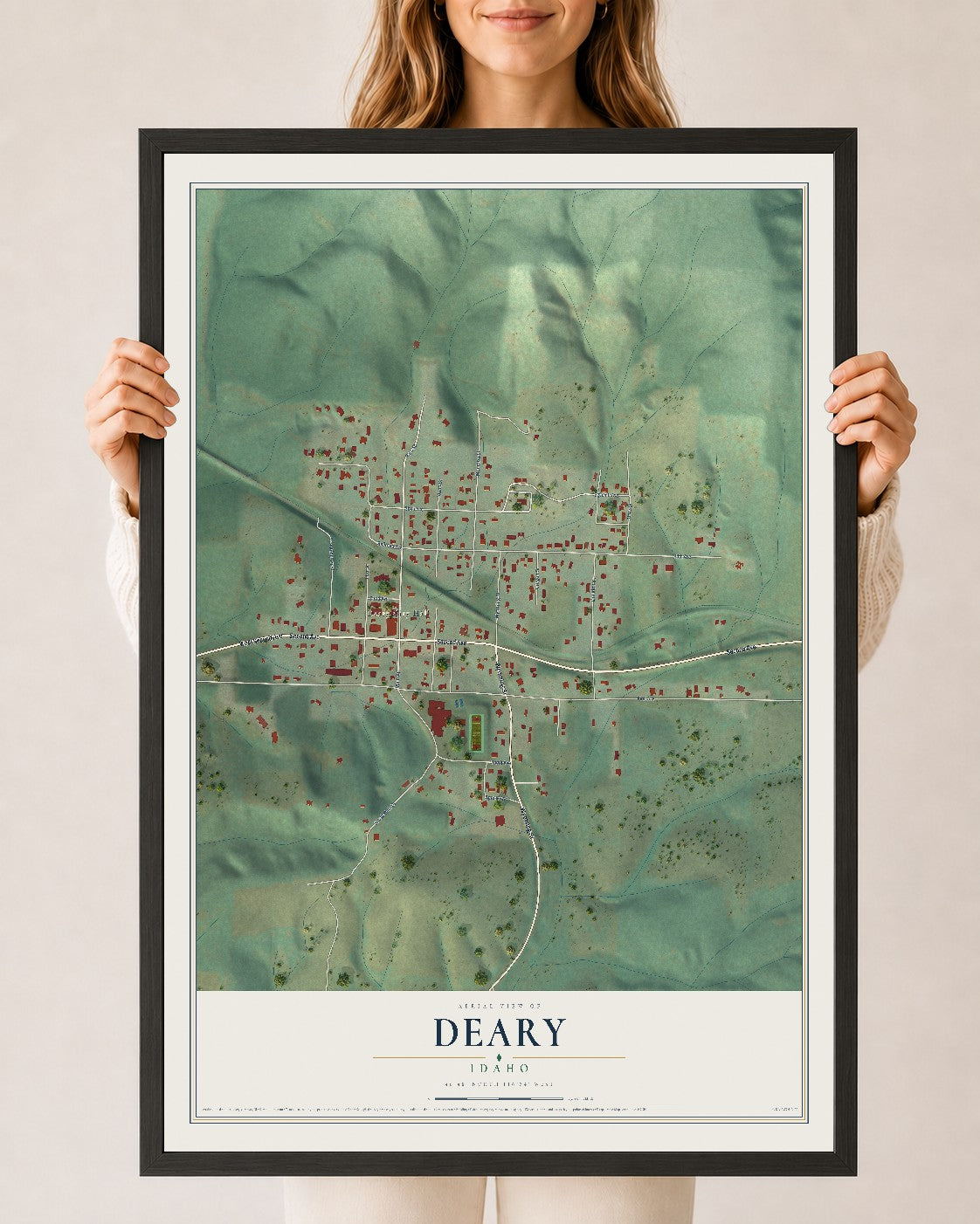 Map of Deary, Idaho, 24 x 36 inch print in a black wood frame