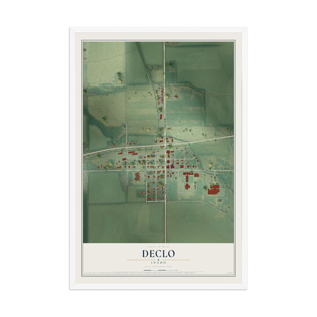 Map of Declo, Idaho, 12 x 18 inch print in a white wood frame