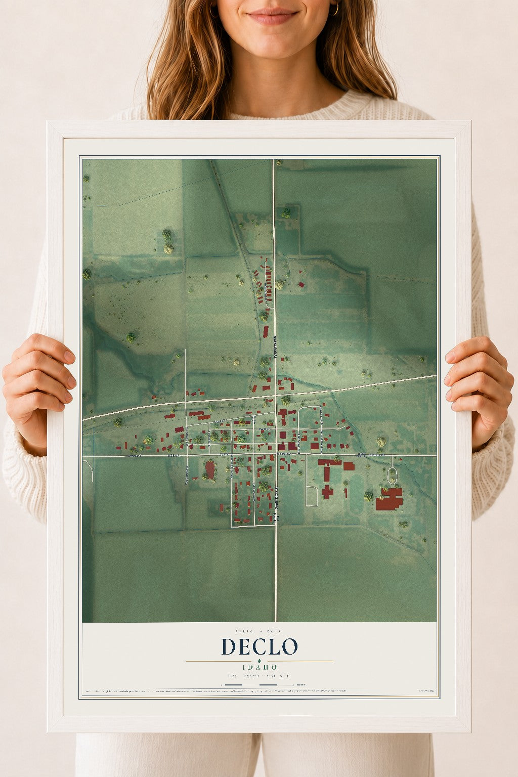 Map of Declo, Idaho, 18 x 24 inch print in a white wood frame