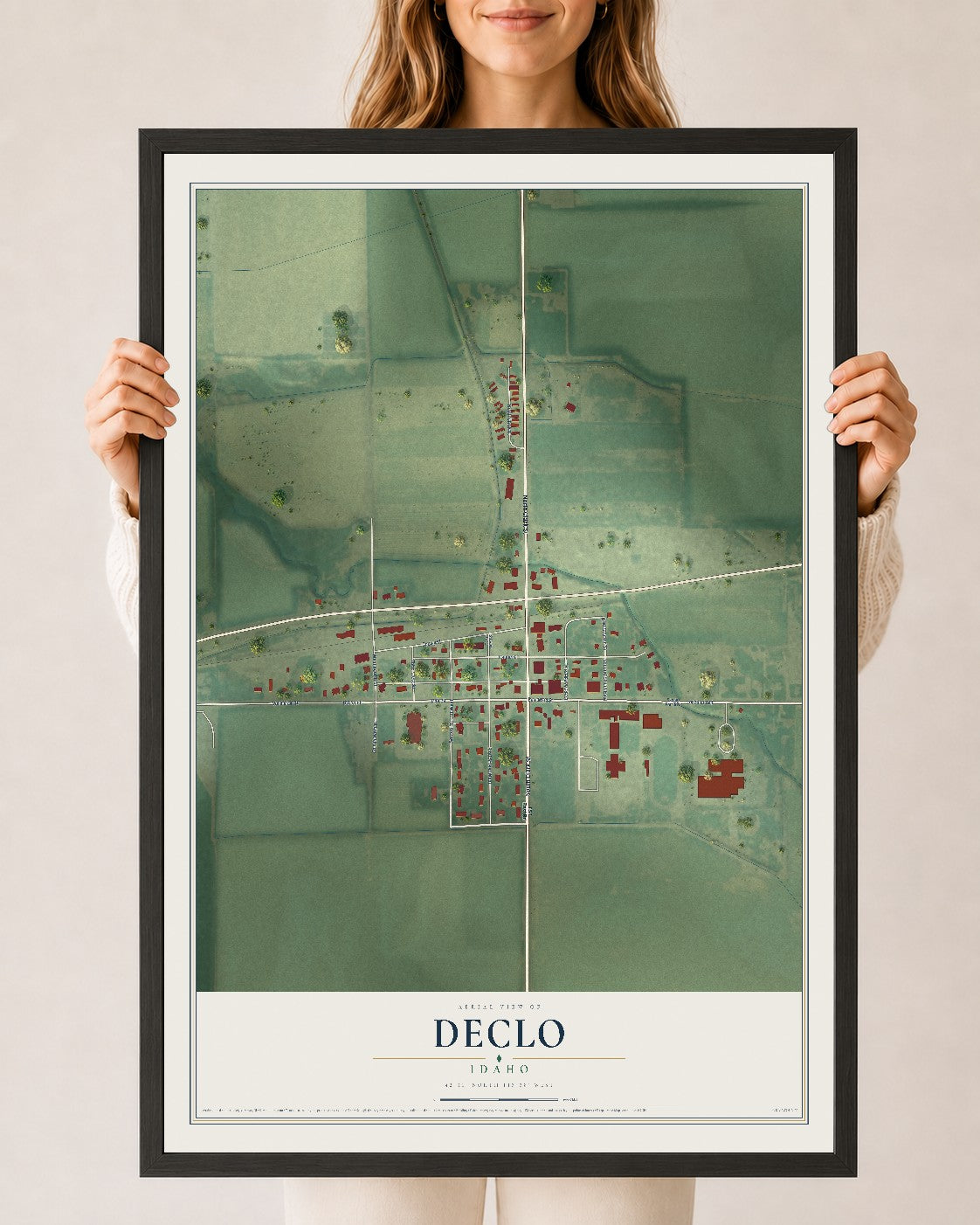 Map of Declo, Idaho, 24 x 36 inch print in a black wood frame