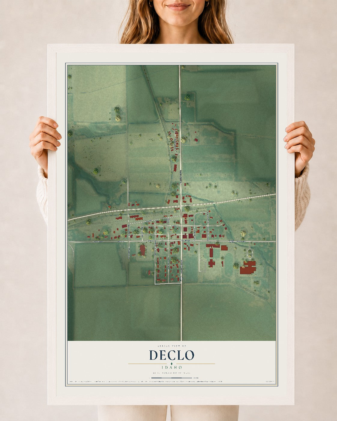 Map of Declo, Idaho, 24 x 36 inch print in a white wood frame