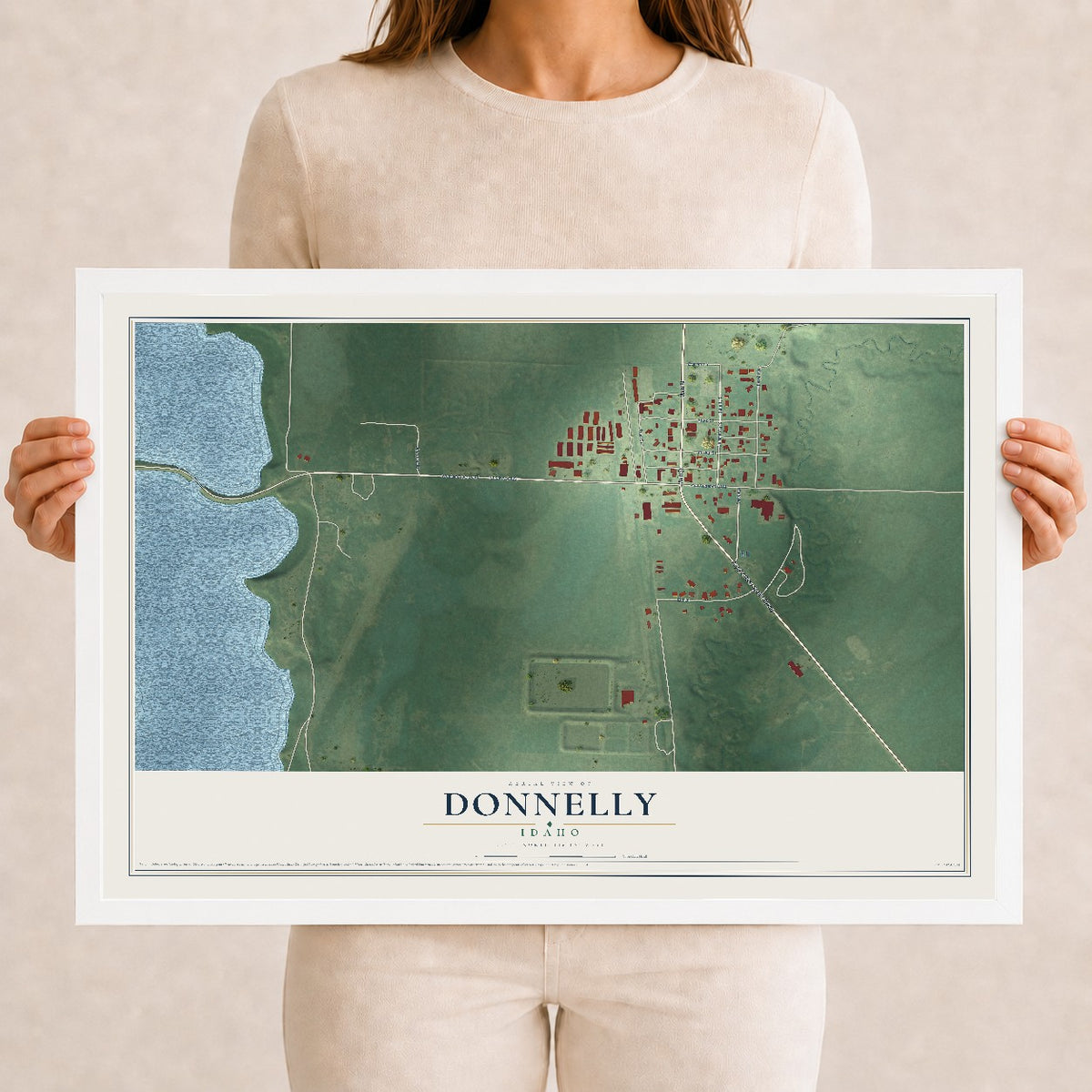 Map of Donnelly, Idaho, 12 x 18 inch print in a white wood frame