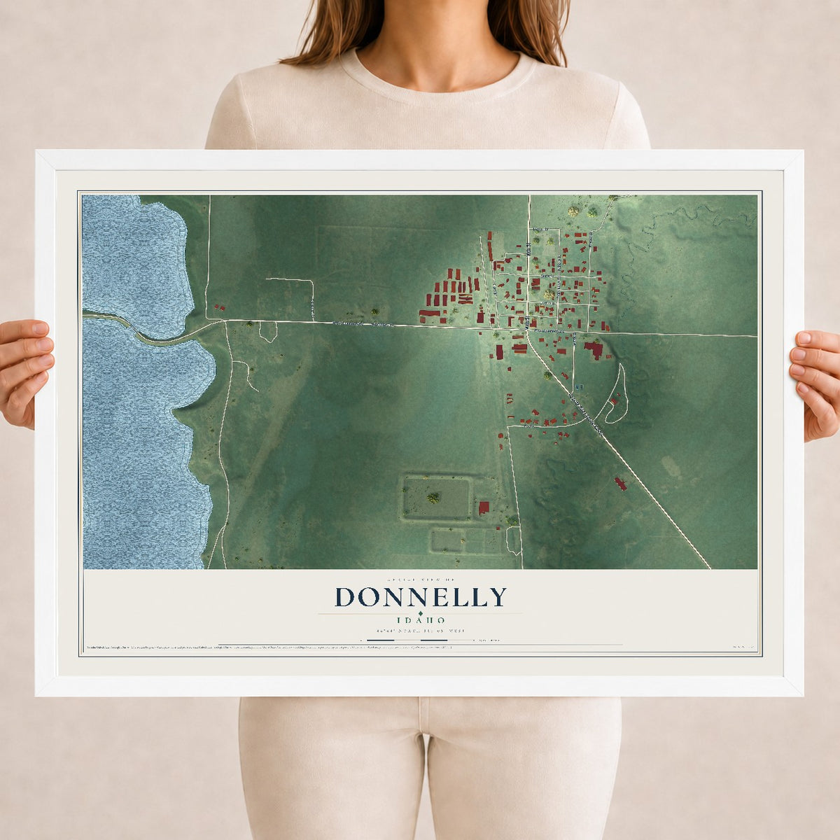 Map of Donnelly, Idaho, 18 x 24 inch print in a white wood frame