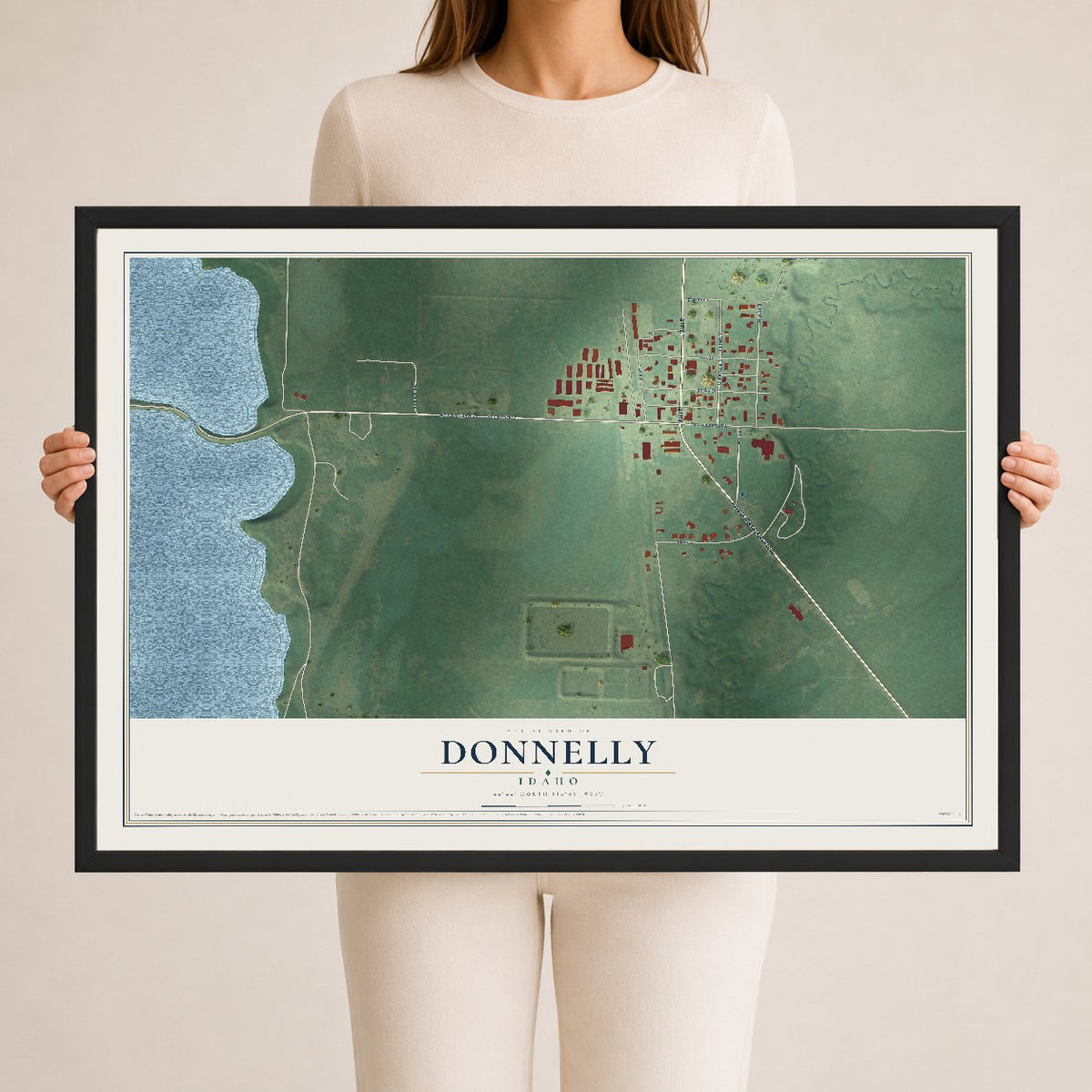 Map of Donnelly, Idaho, 24 x 36 inch print in a black wood frame