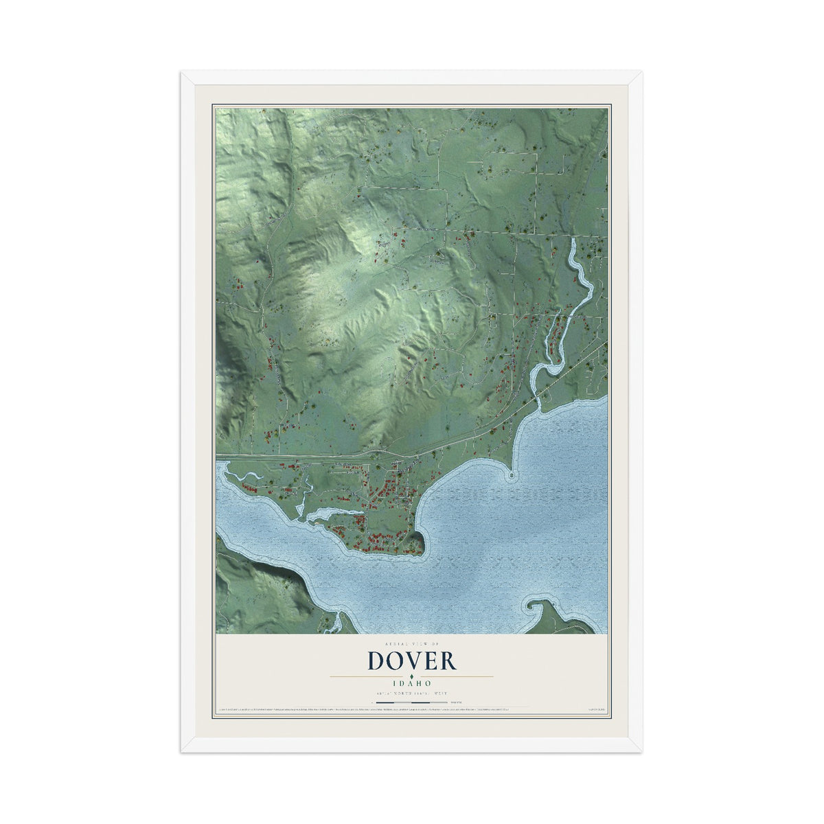 Map of Dover, Idaho, 12 x 18 inch print in a white wood frame