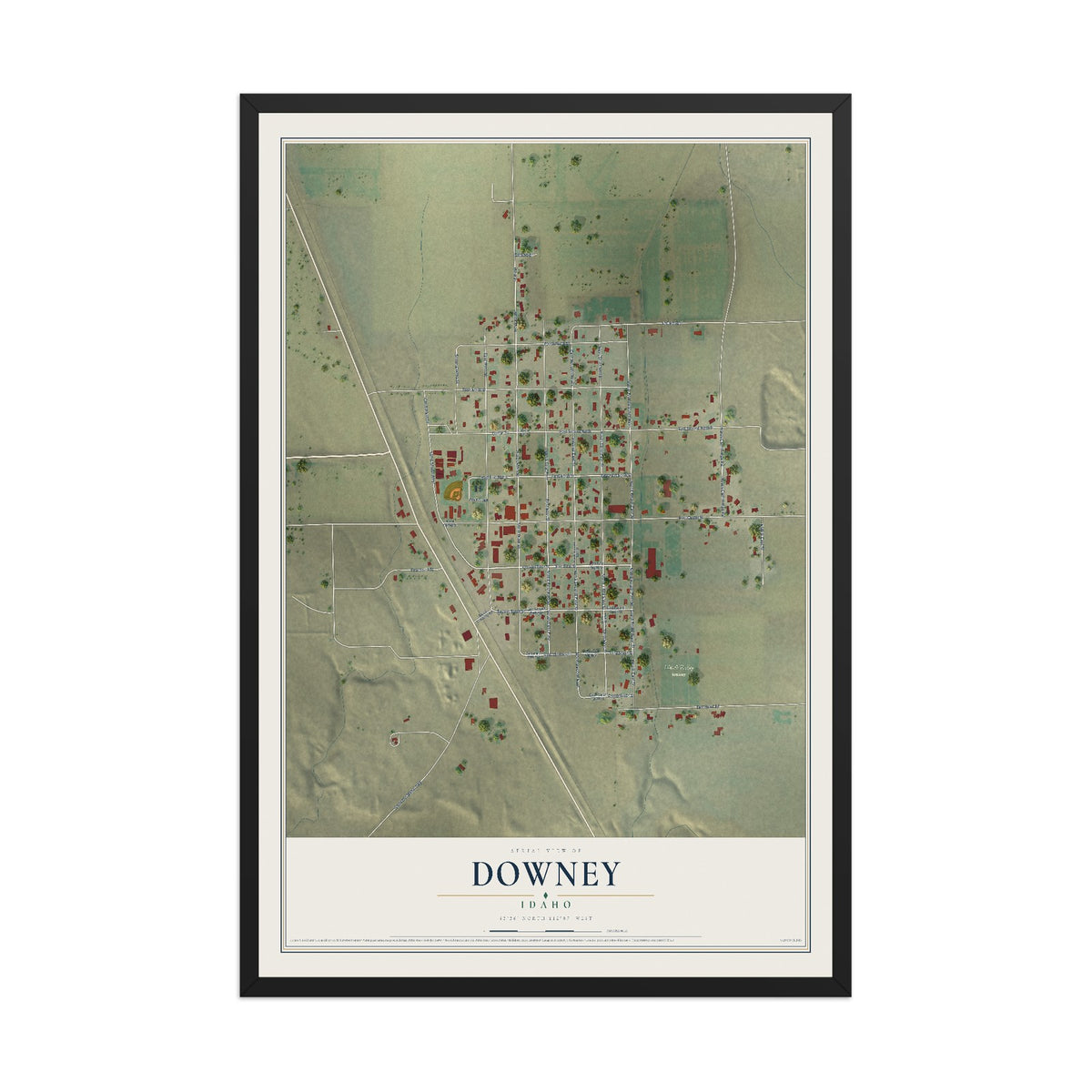 Map of Downey, Idaho, 12 x 18 inch print in a black wood frame
