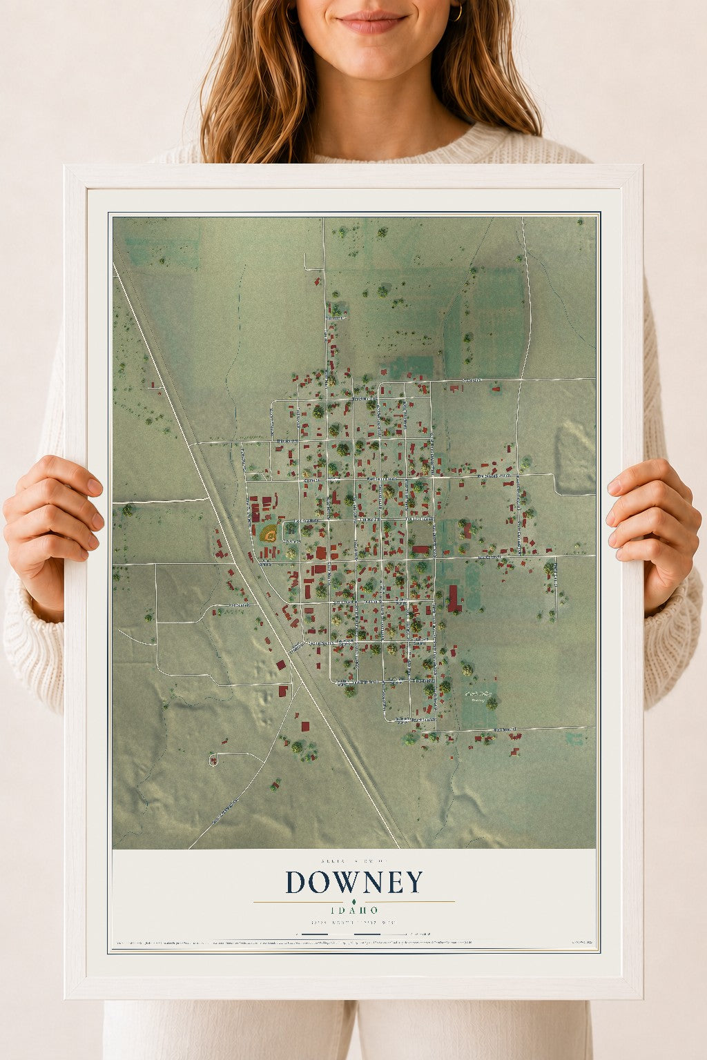 Map of Downey, Idaho, 18 x 24 inch print in a white wood frame