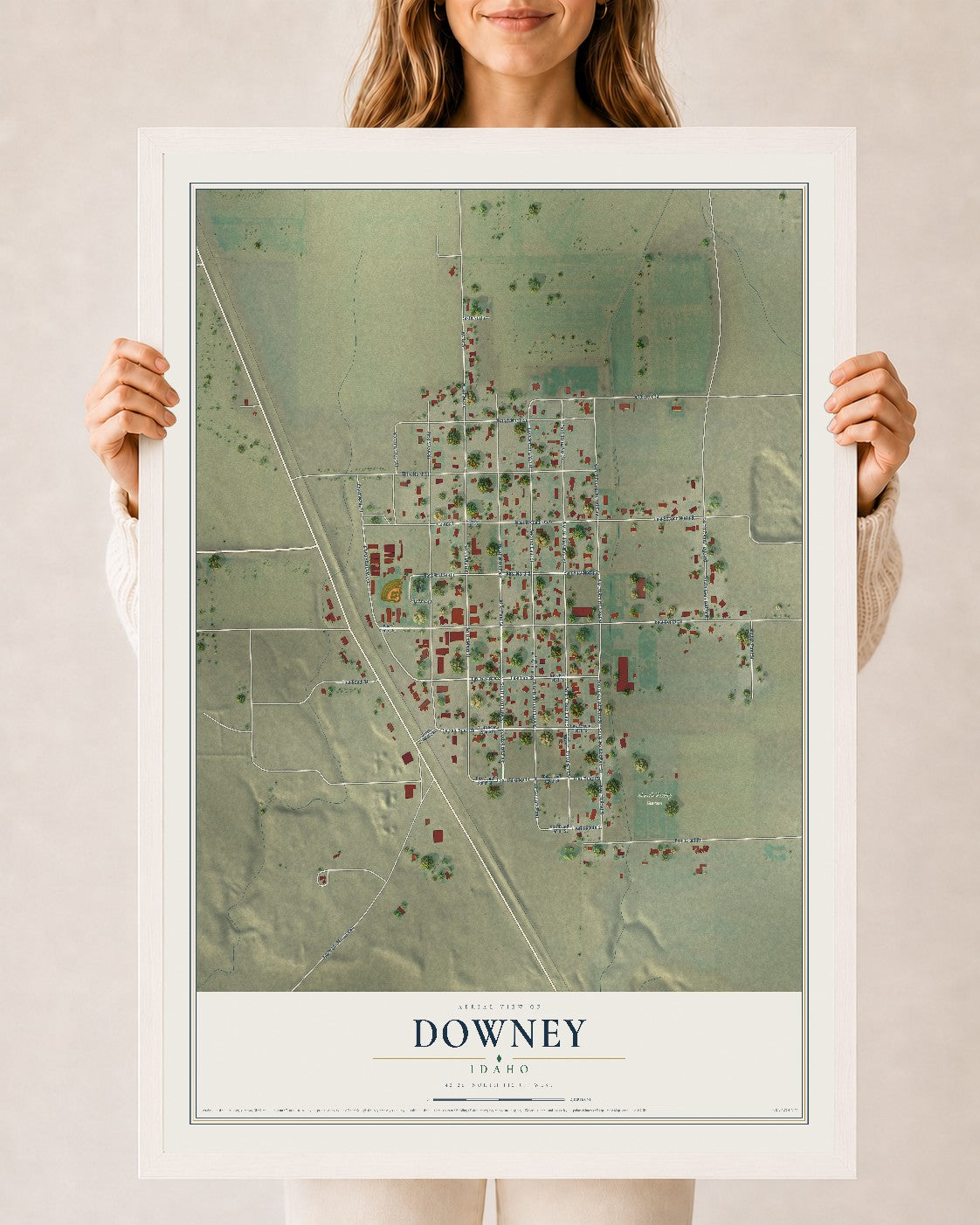 Map of Downey, Idaho, 24 x 36 inch print in a white wood frame