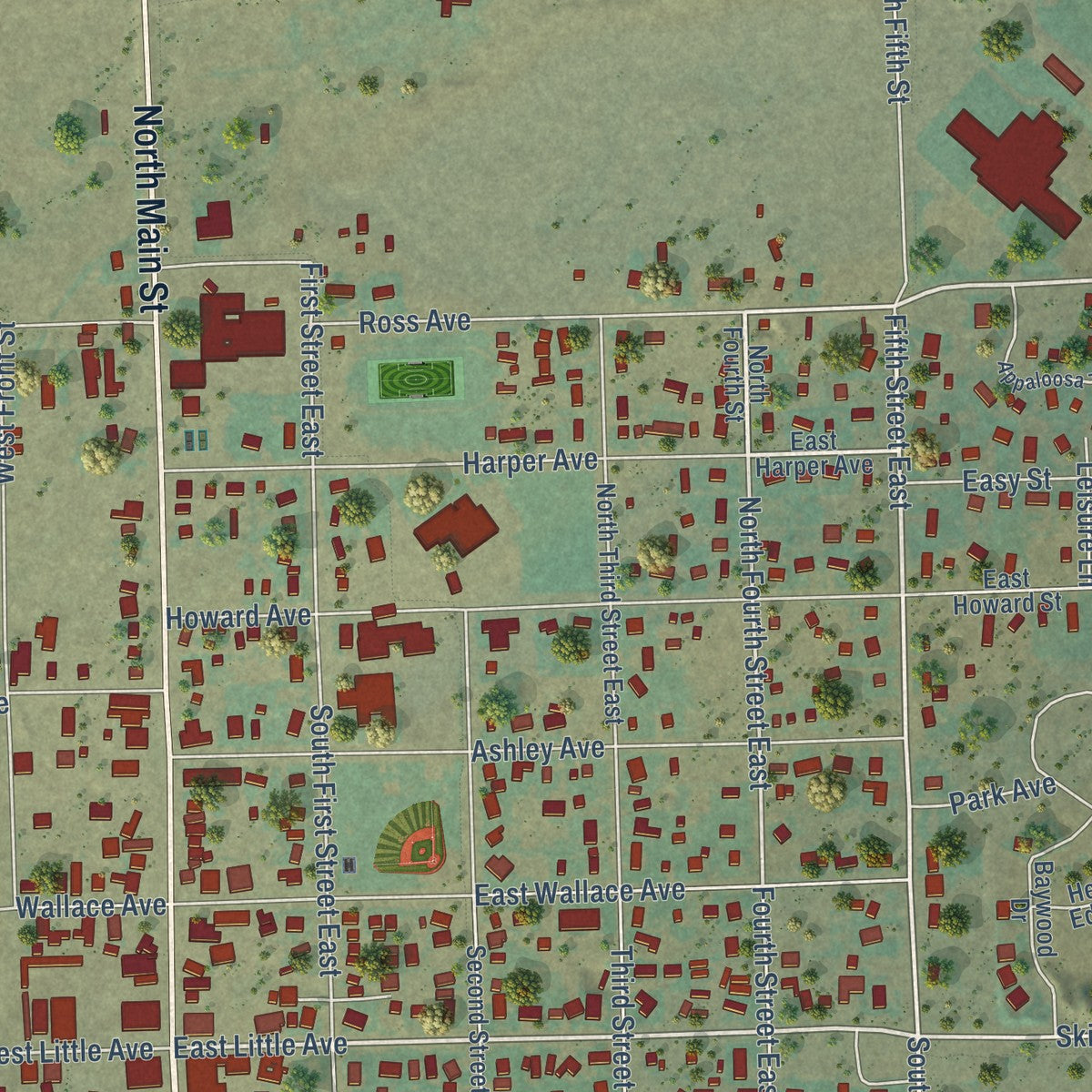 Close-up of the map of Driggs, Idaho print showing street and building detail