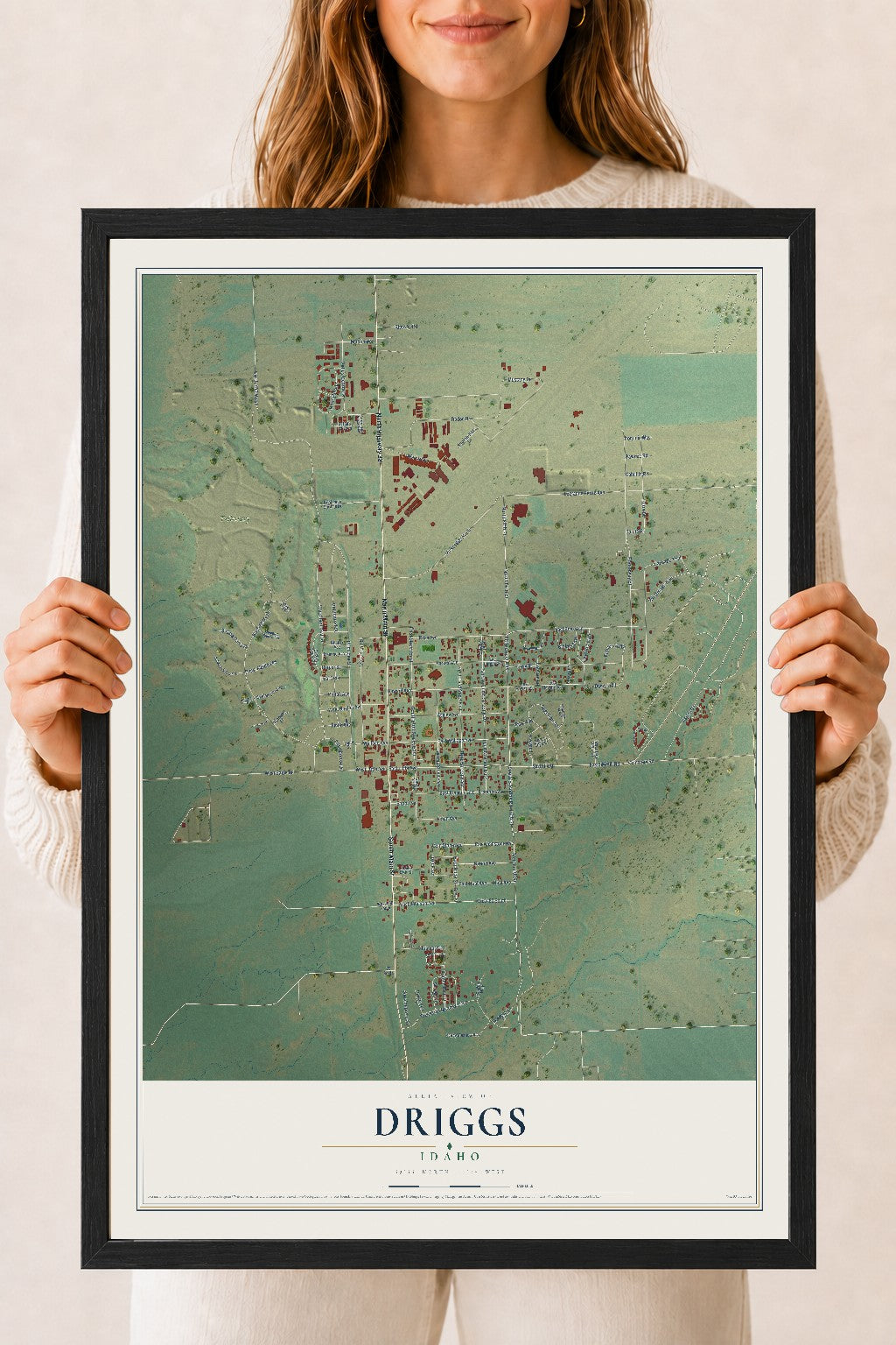 Map of Driggs, Idaho, 18 x 24 inch print in a black wood frame