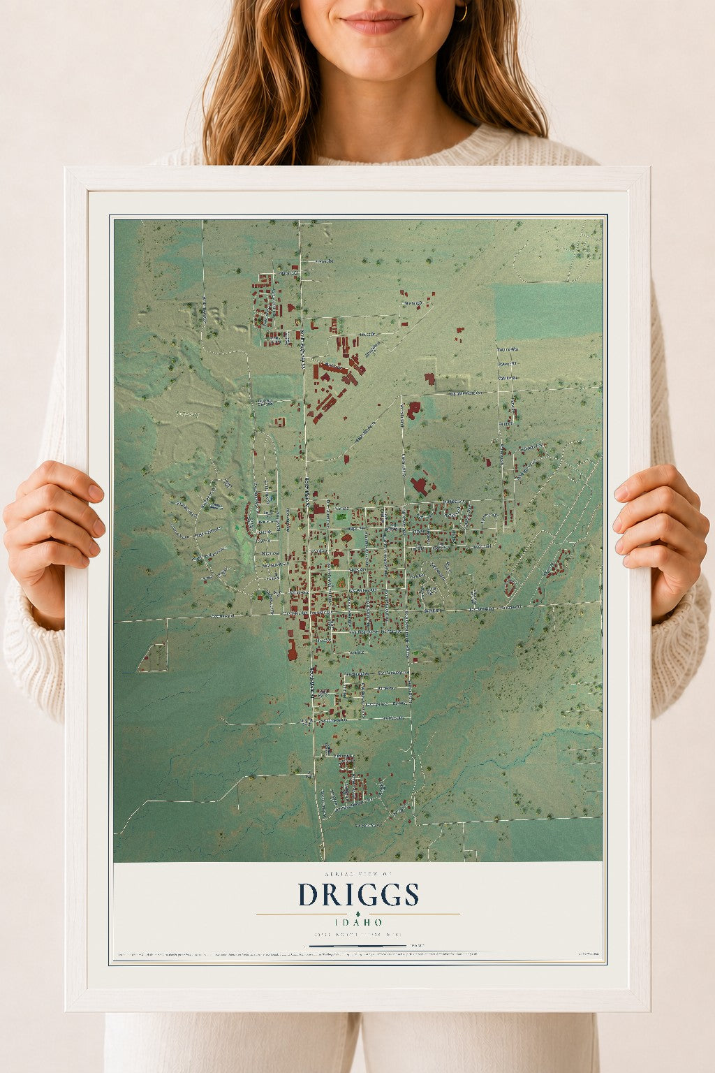 Map of Driggs, Idaho, 18 x 24 inch print in a white wood frame