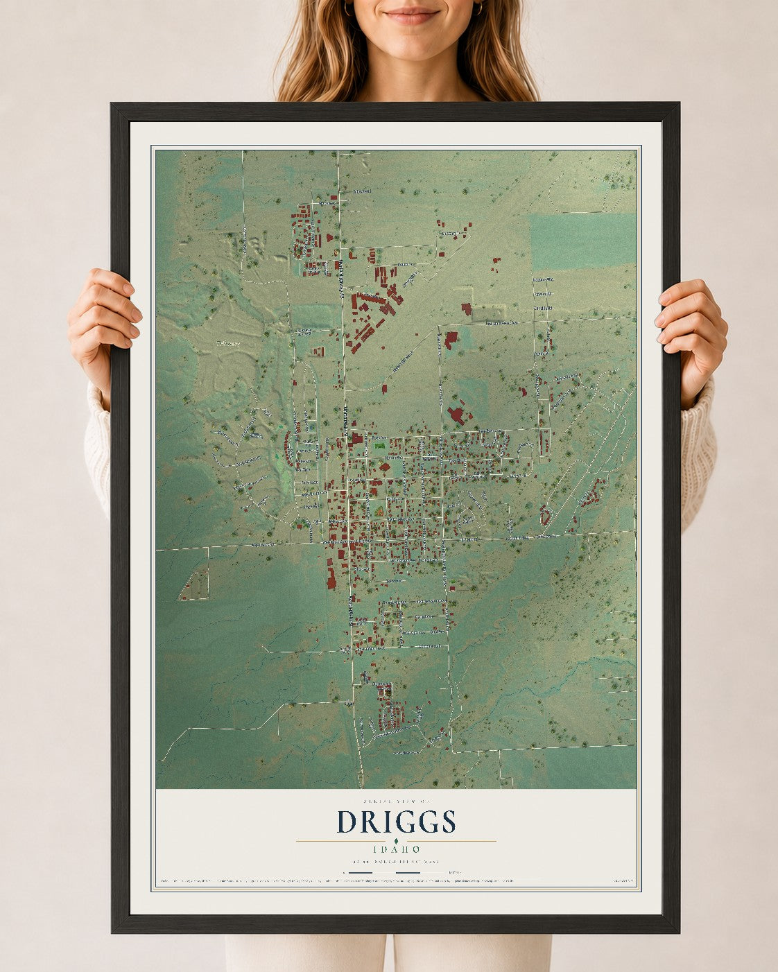 Map of Driggs, Idaho, 24 x 36 inch print in a black wood frame