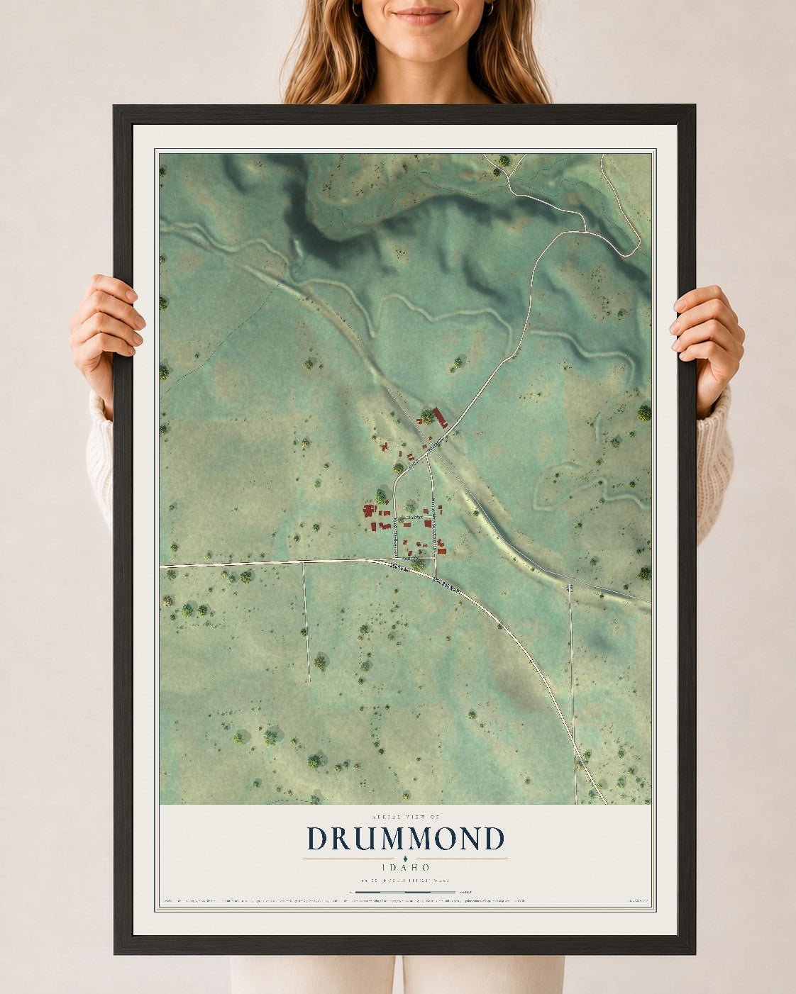 Map of Drummond, Idaho, 24 x 36 inch print in a black wood frame