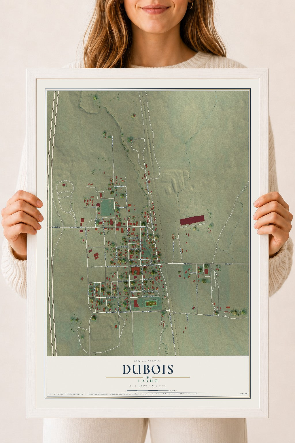 Map of Dubois, Idaho, 18 x 24 inch print in a white wood frame