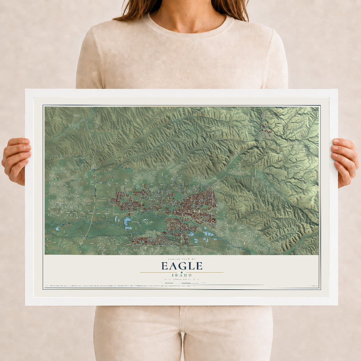 Map of Eagle, Idaho, 12 x 18 inch print in a white wood frame