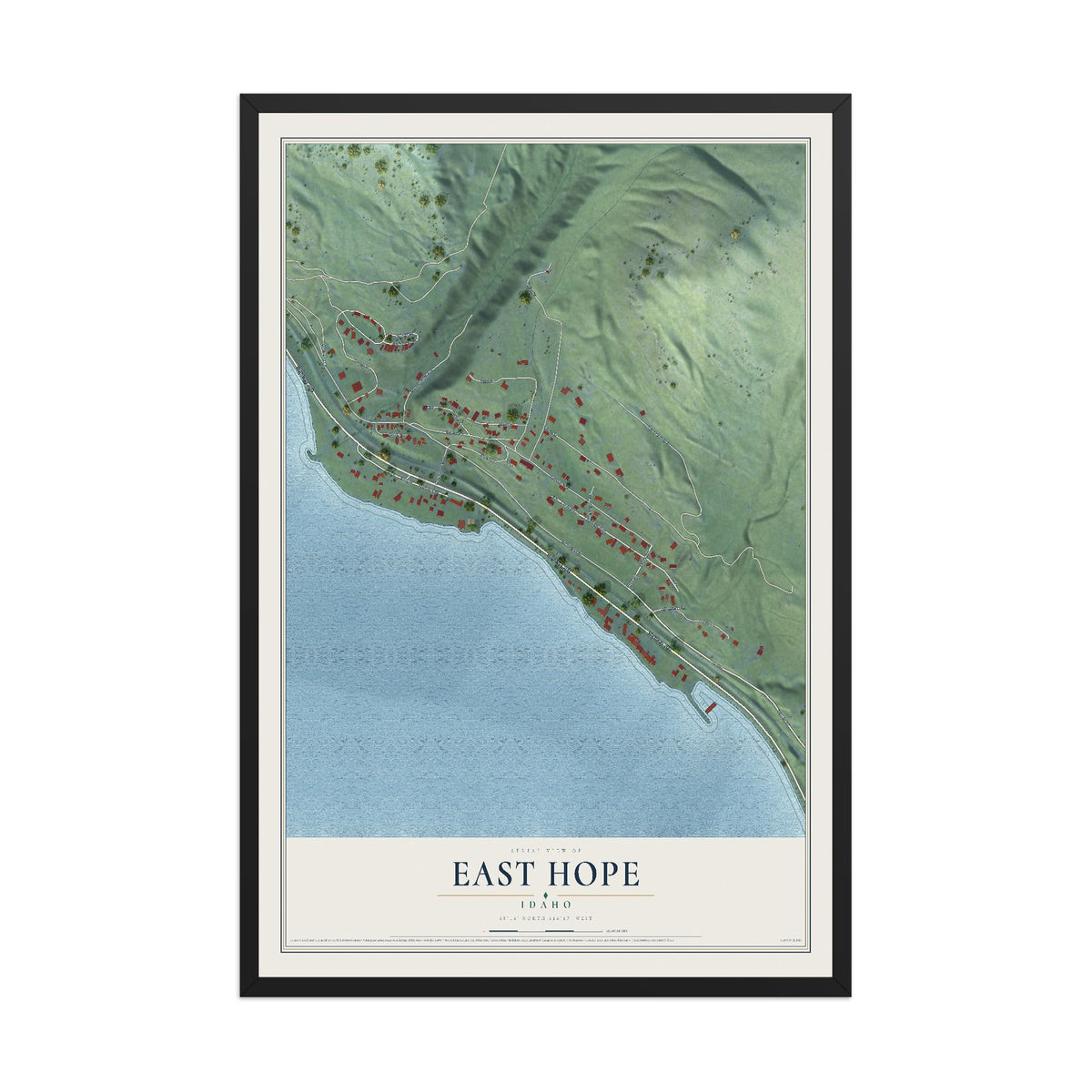 Map of East Hope, Idaho, 12 x 18 inch print in a black wood frame