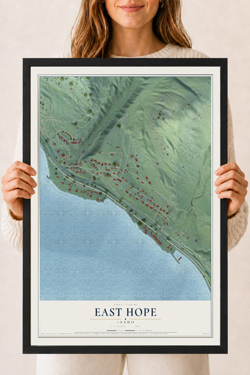 Map of East Hope, Idaho, 18 x 24 inch print in a black wood frame