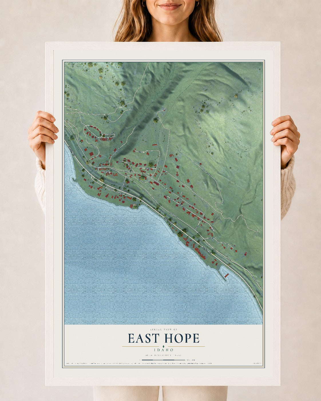 Map of East Hope, Idaho, 24 x 36 inch print in a white wood frame