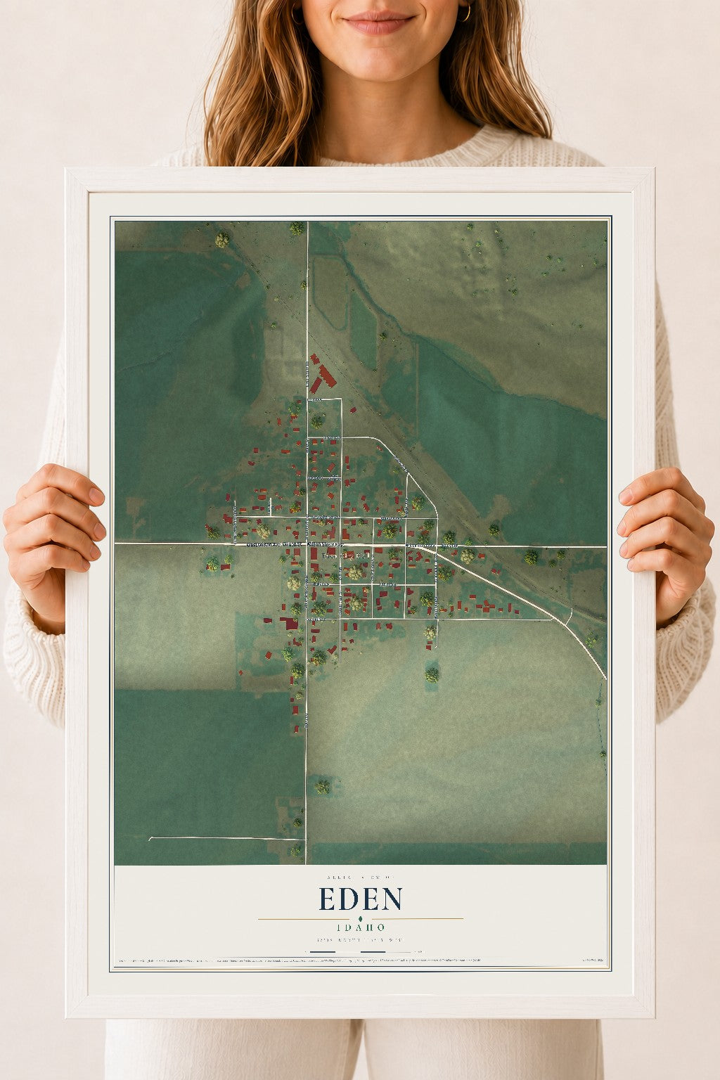 Map of Eden, Idaho, 18 x 24 inch print in a white wood frame