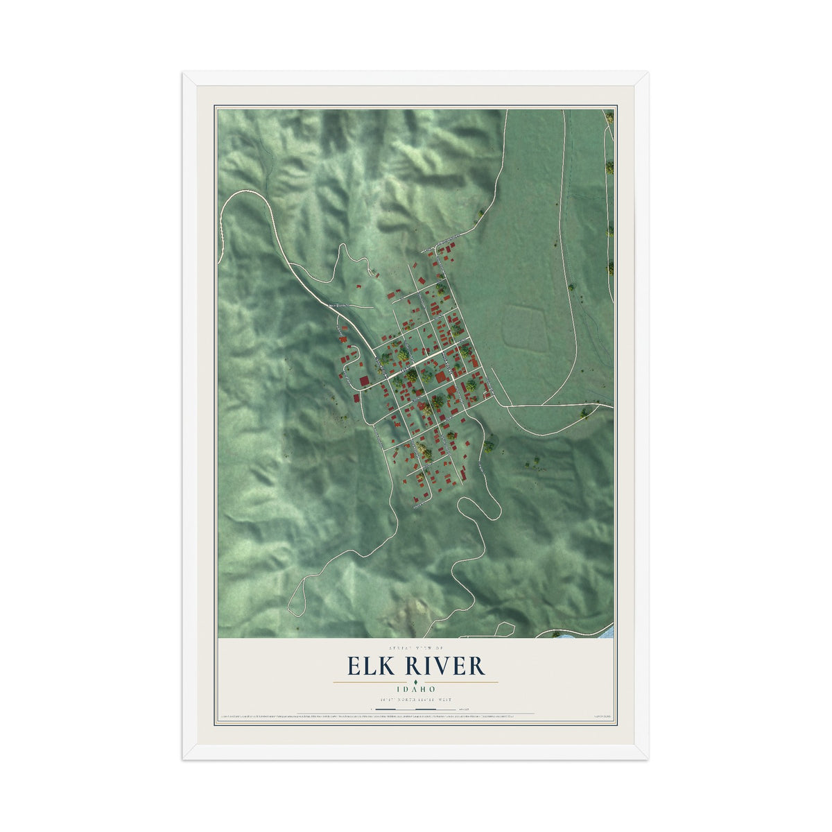 Map of Elk River, Idaho, 12 x 18 inch print in a white wood frame