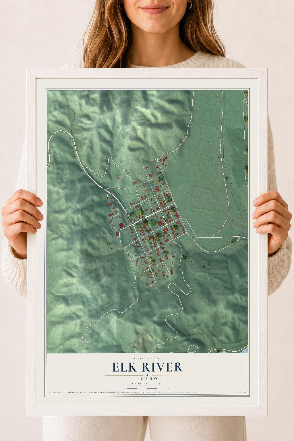 Map of Elk River, Idaho, 18 x 24 inch print in a white wood frame