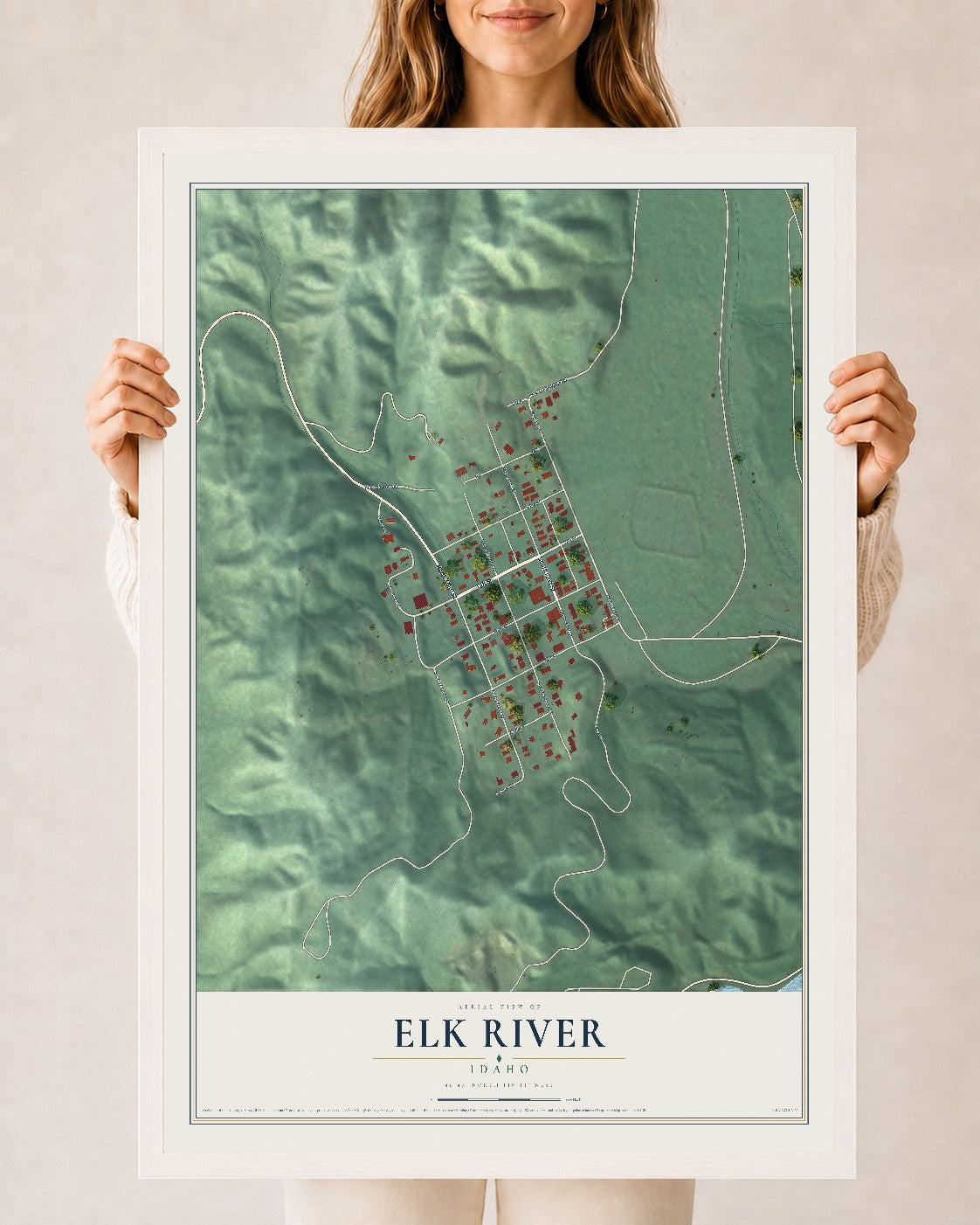 Map of Elk River, Idaho, 24 x 36 inch print in a white wood frame