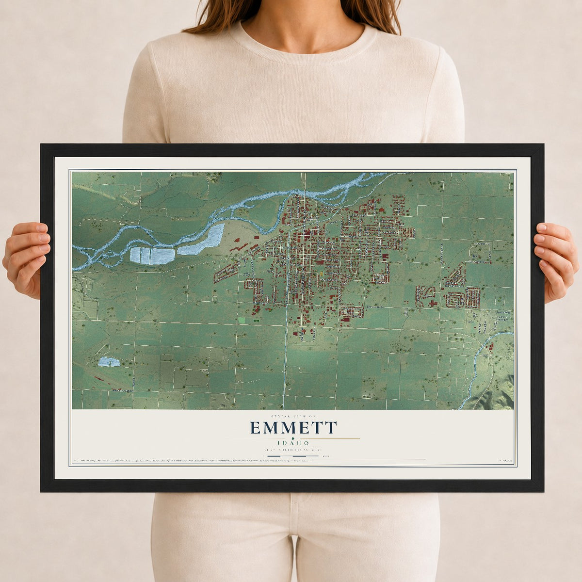 Map of Emmett, Idaho, 12 x 18 inch print in a black wood frame