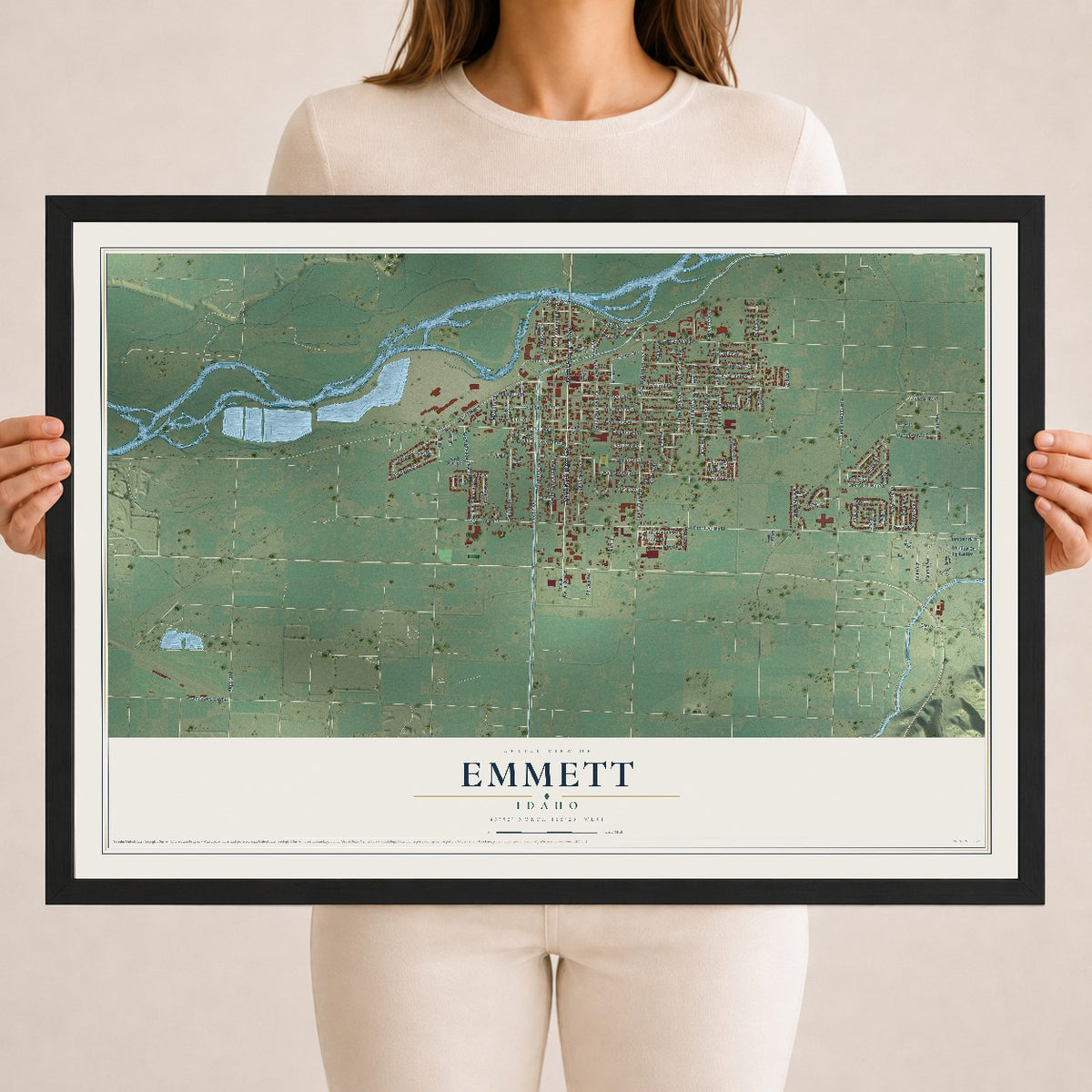 Map of Emmett, Idaho, 18 x 24 inch print in a black wood frame