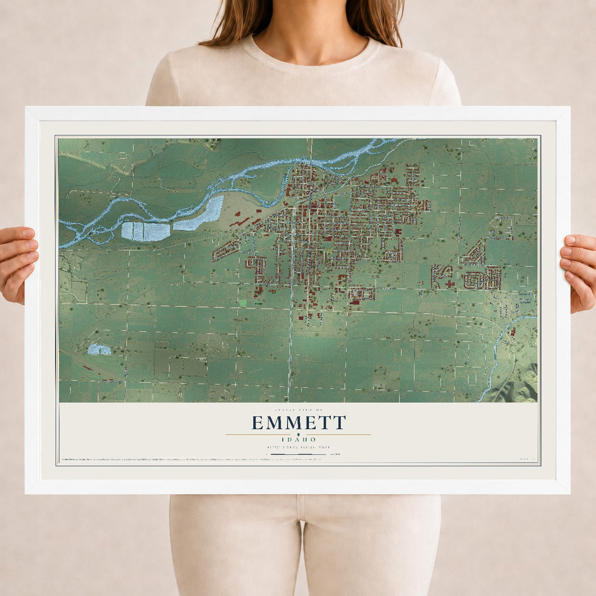 Map of Emmett, Idaho, 18 x 24 inch print in a white wood frame