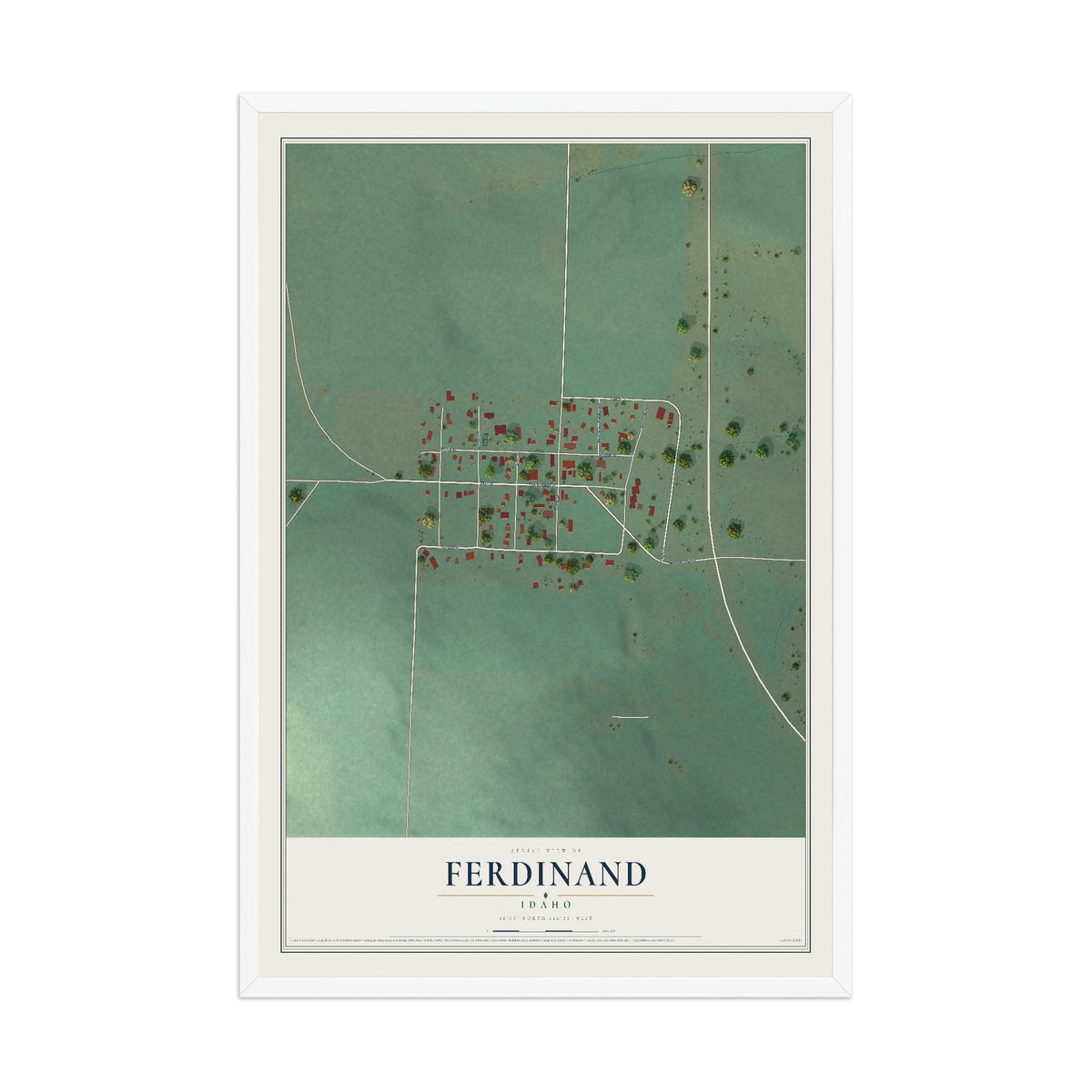 Map of Ferdinand, Idaho, 12 x 18 inch print in a white wood frame
