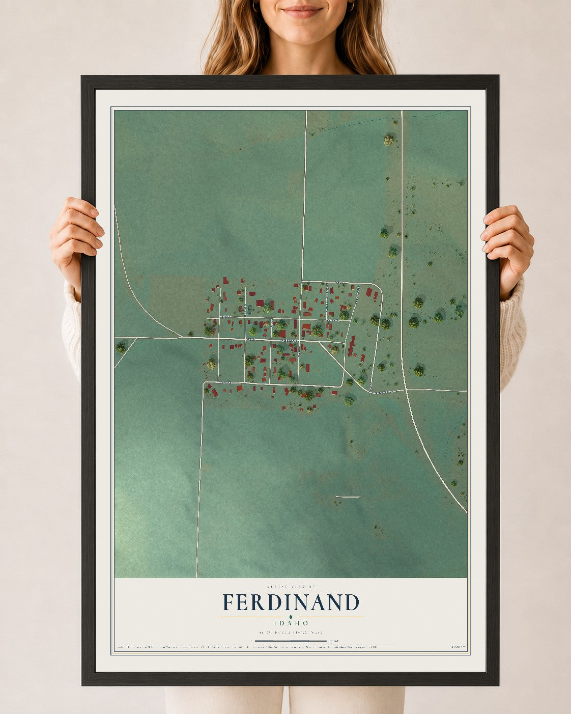 Map of Ferdinand, Idaho, 24 x 36 inch print in a black wood frame