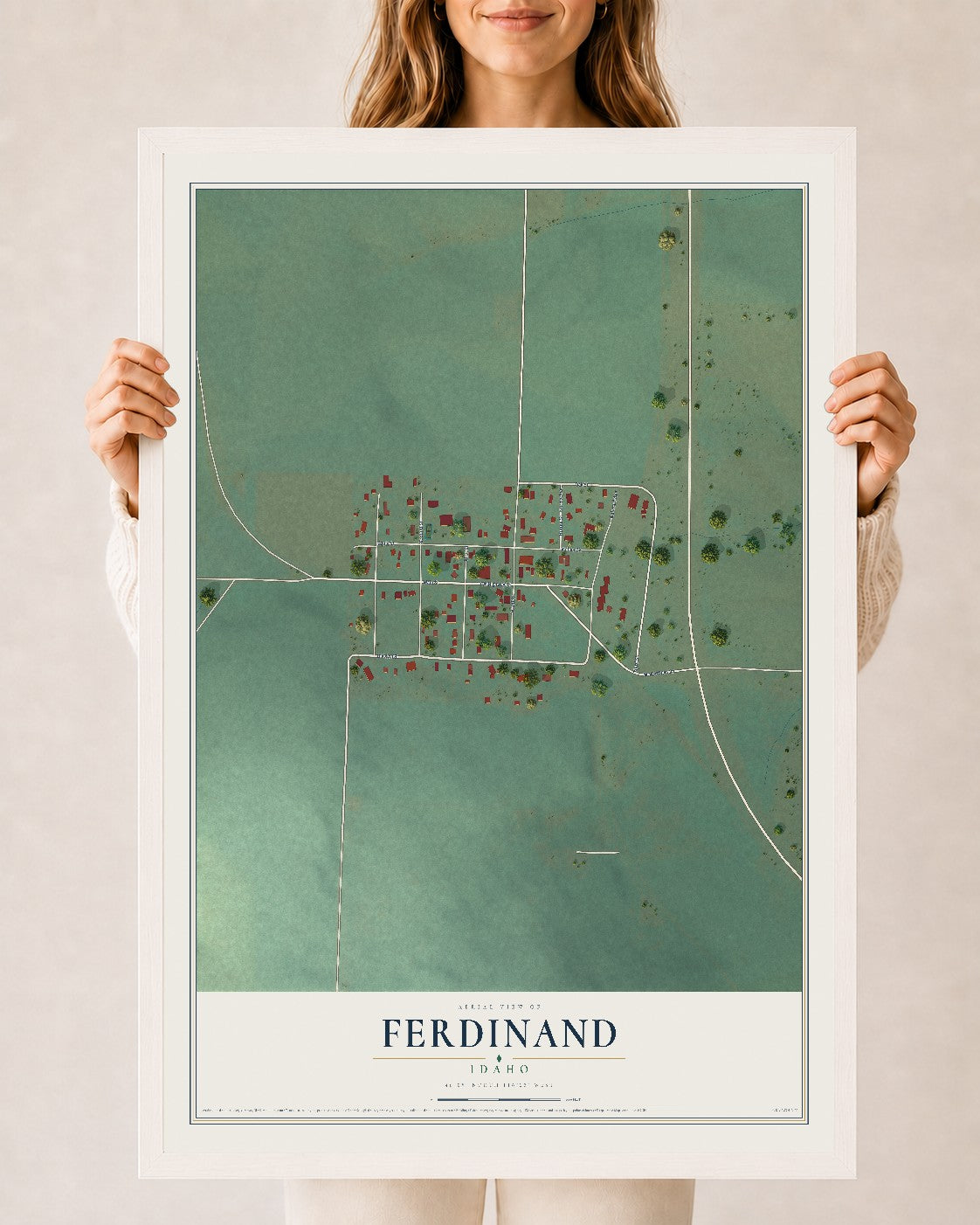 Map of Ferdinand, Idaho, 24 x 36 inch print in a white wood frame