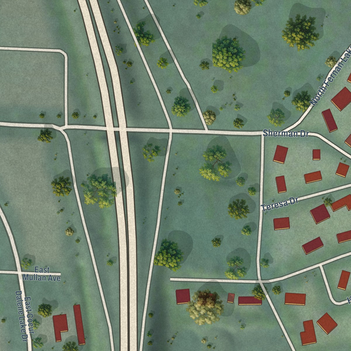Second close-up of the map of Fernan Lake Village, Idaho print showing more streets and buildings
