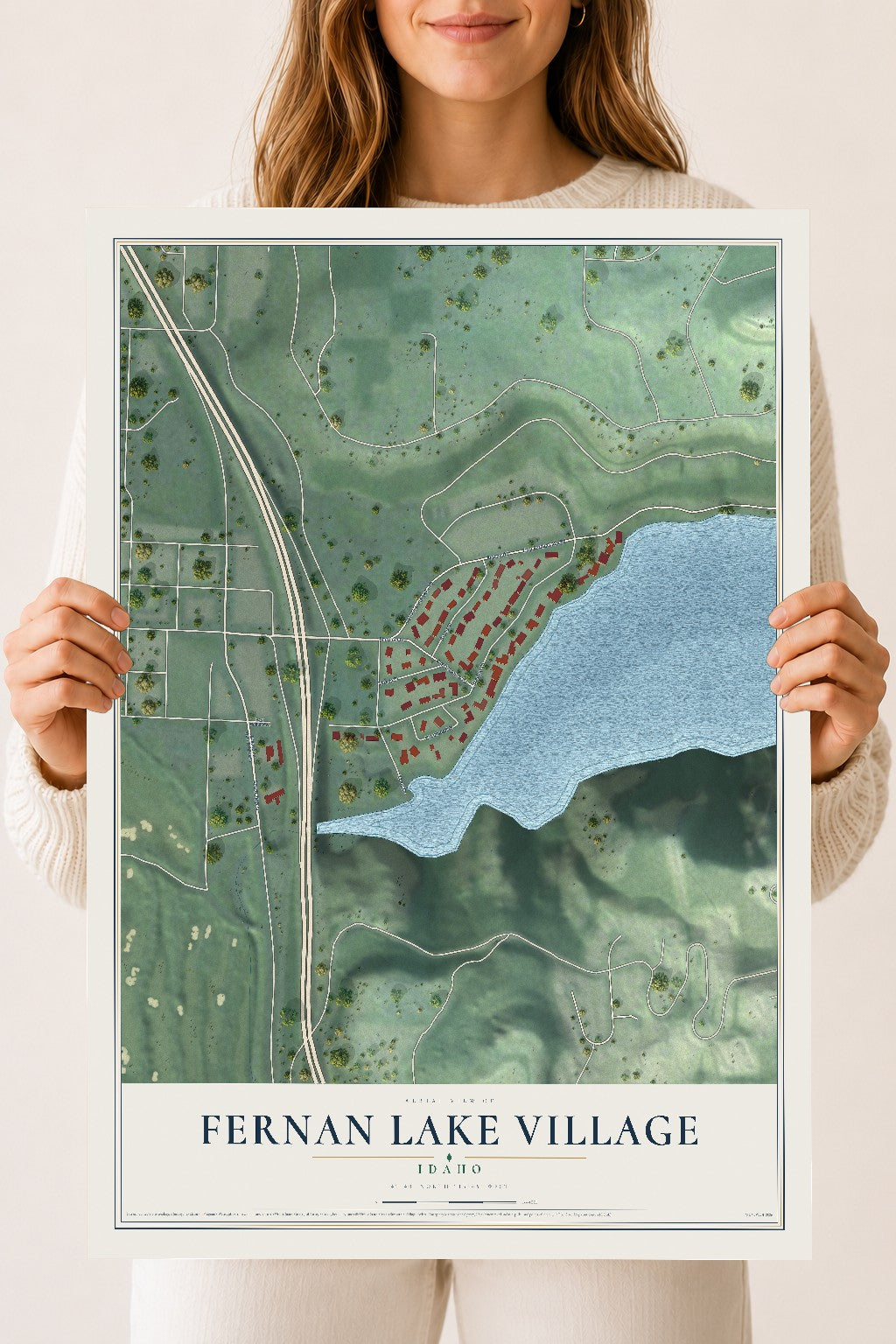 Map of Fernan Lake Village, Idaho, 18 x 24 inch unframed archival matte print