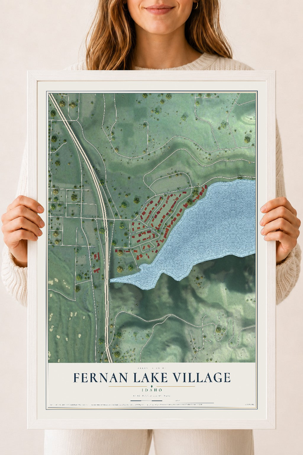 Map of Fernan Lake Village, Idaho, 18 x 24 inch print in a white wood frame
