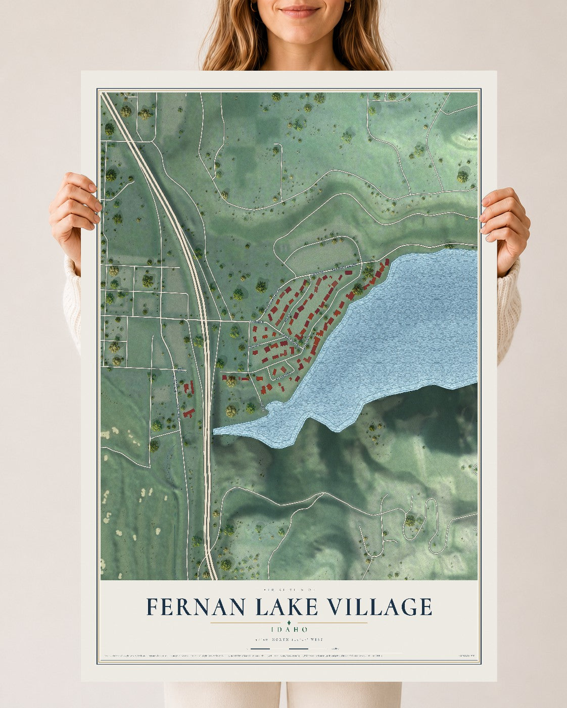 Map of Fernan Lake Village, Idaho, 24 x 36 inch unframed archival matte print
