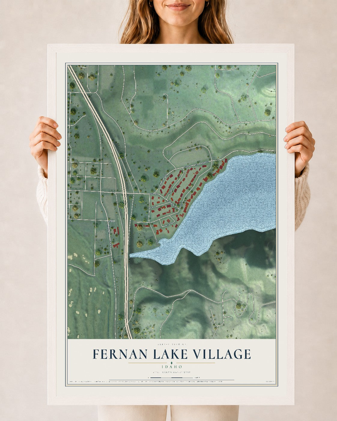 Map of Fernan Lake Village, Idaho, 24 x 36 inch print in a white wood frame