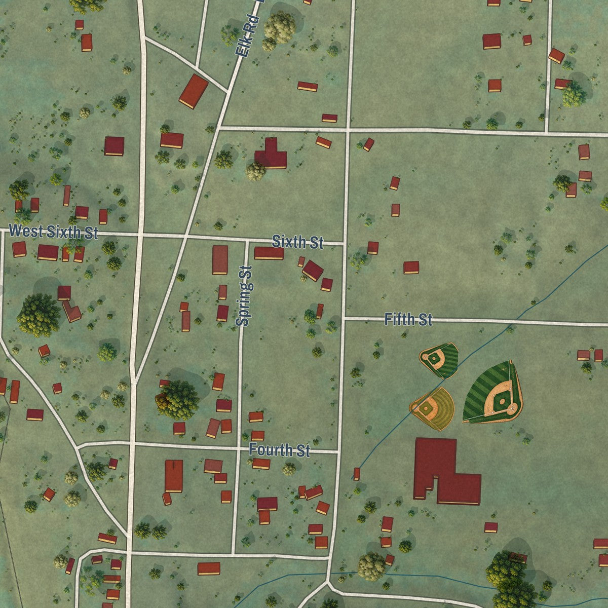 Close-up of the map of Fernwood, Idaho print showing street and building detail
