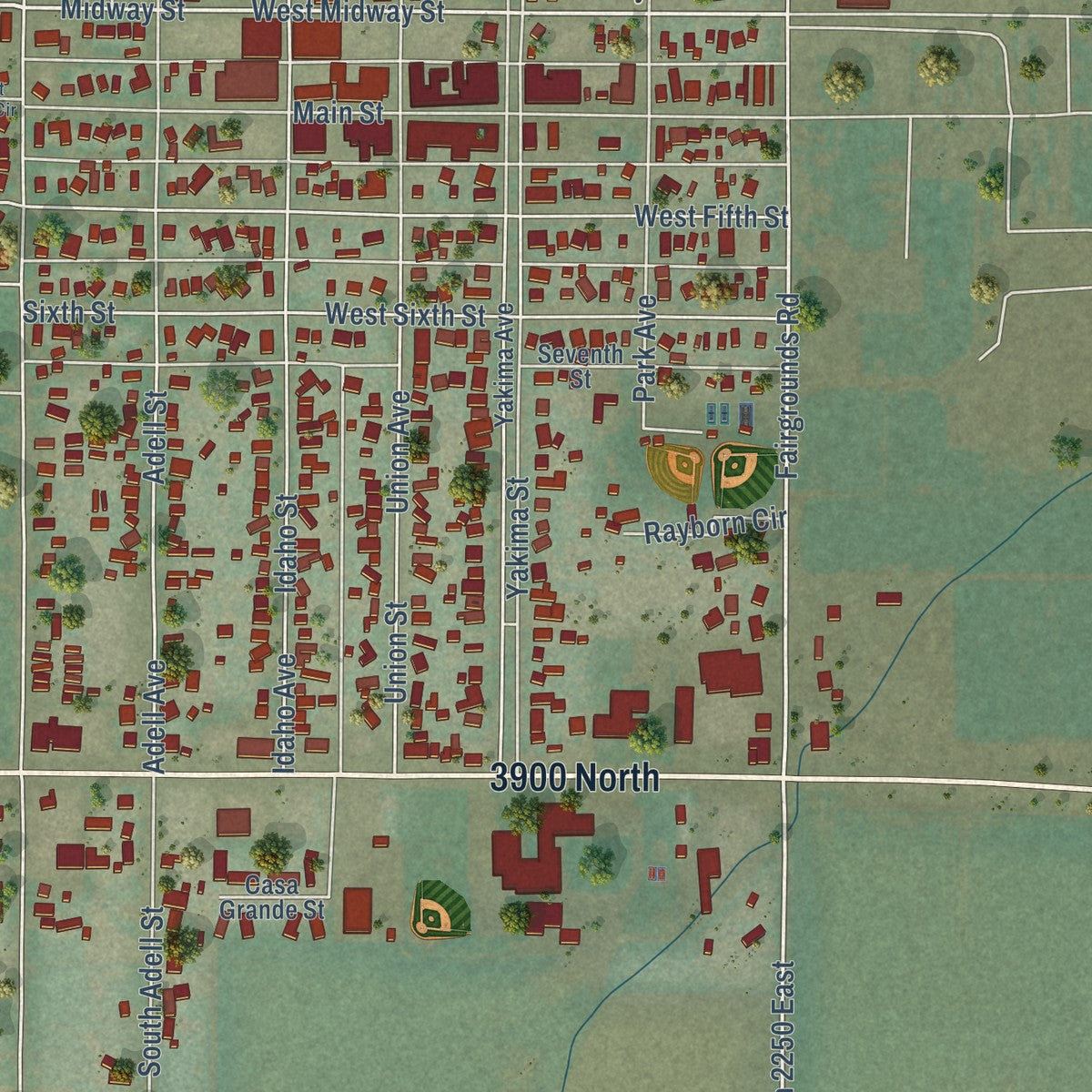 Close-up of the map of Filer, Idaho print showing street and building detail