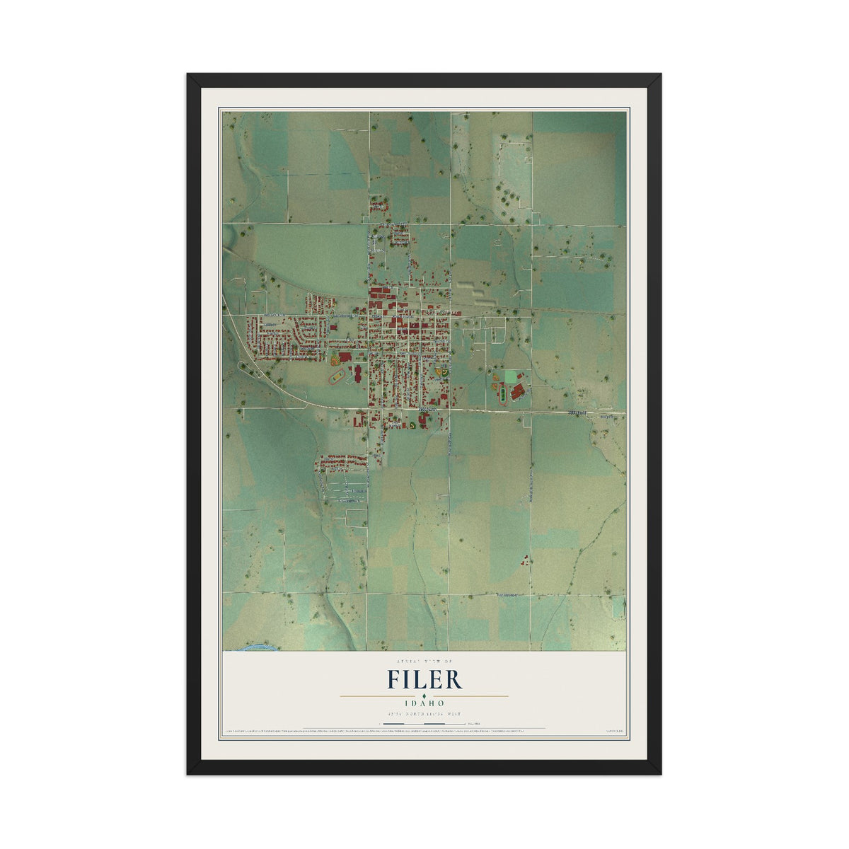 Map of Filer, Idaho, 12 x 18 inch print in a black wood frame
