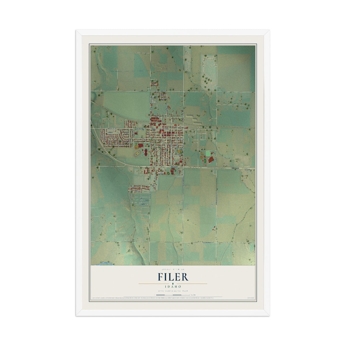 Map of Filer, Idaho, 12 x 18 inch print in a white wood frame