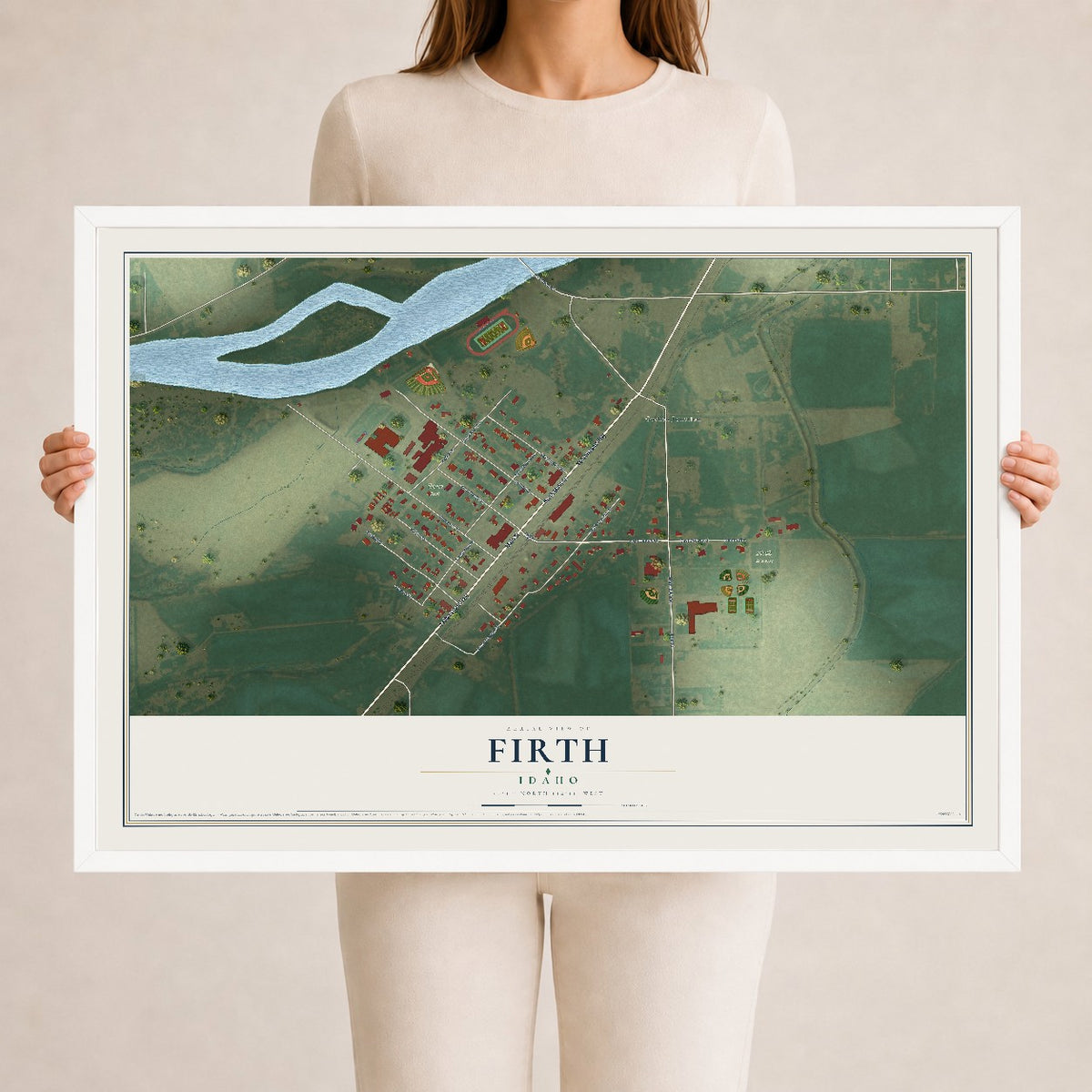 Map of Firth, Idaho, 24 x 36 inch print in a white wood frame